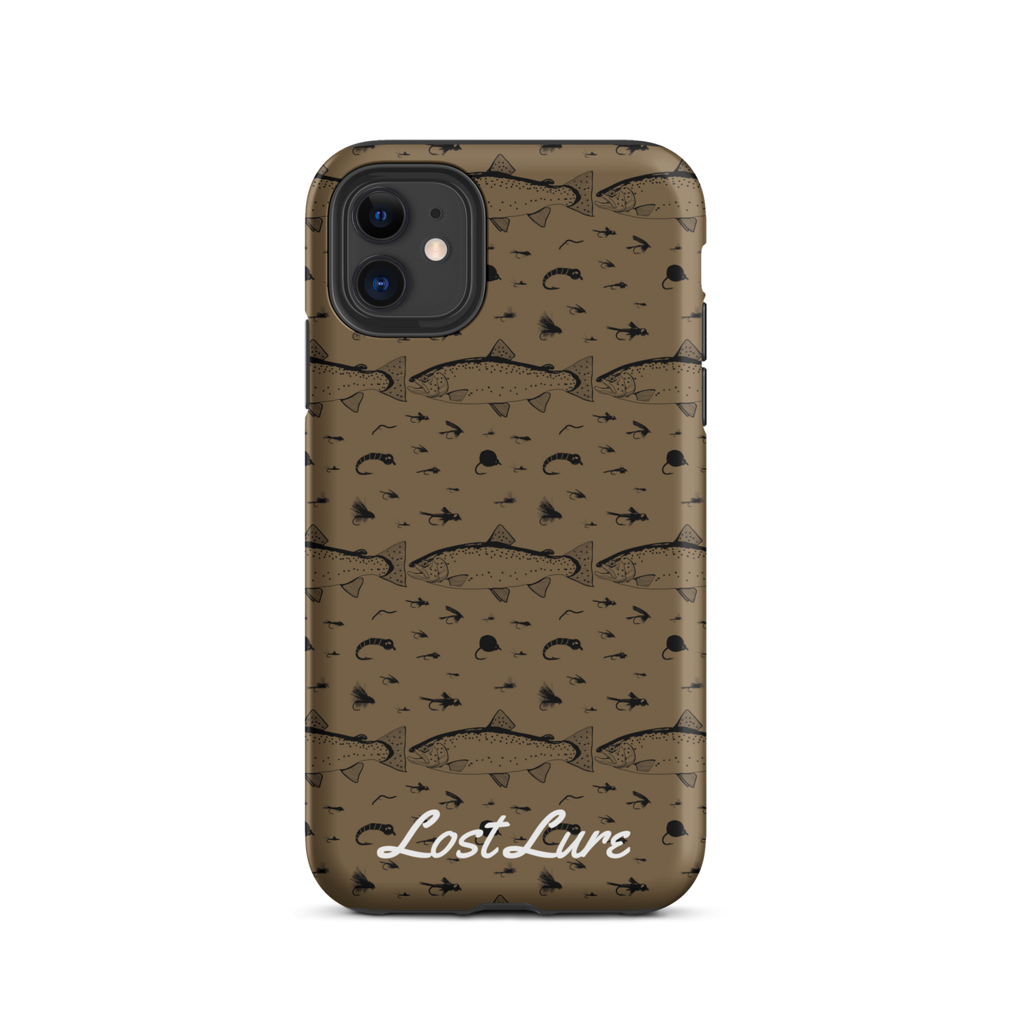 iPhone 11 Trout and Fly repeating pattern phone case.