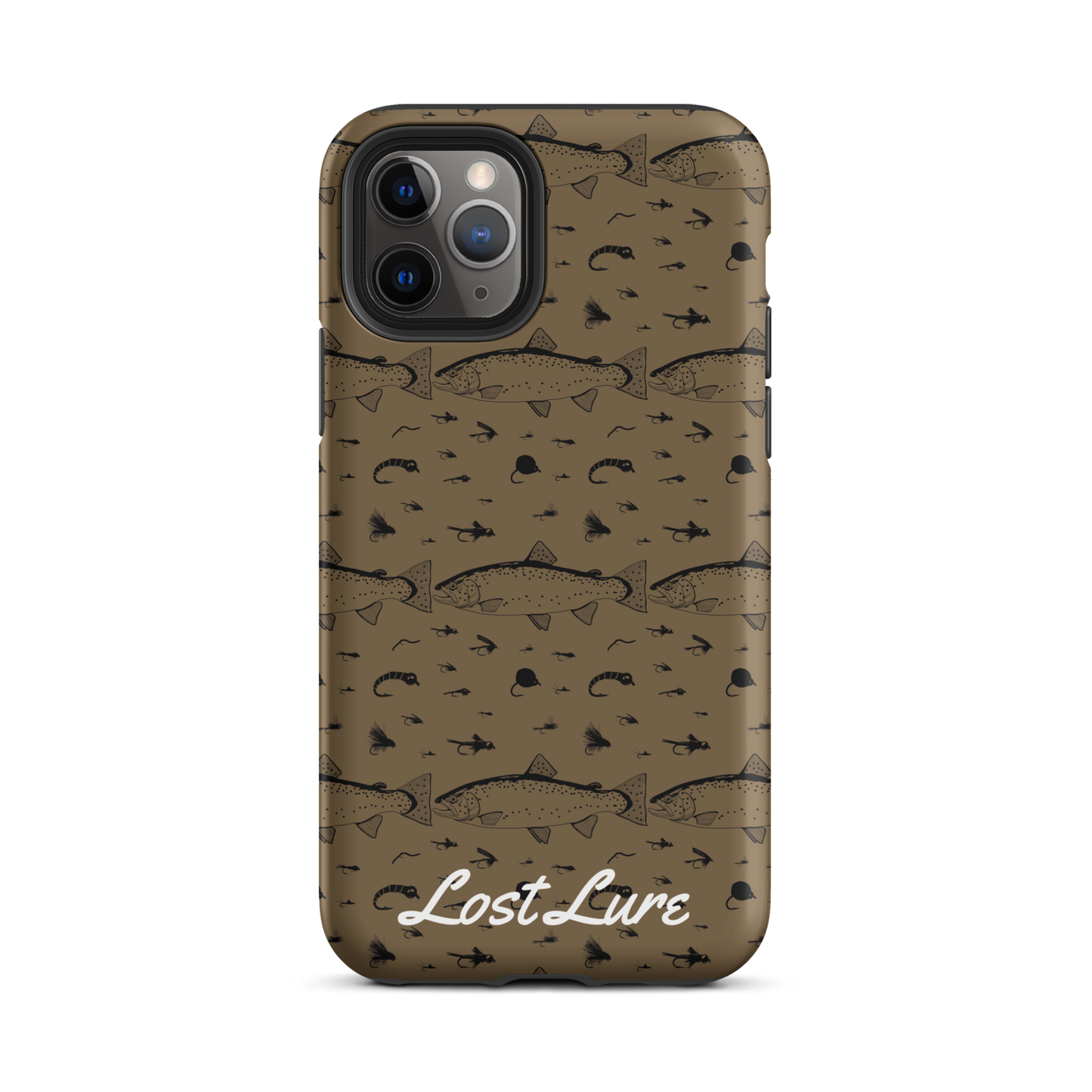 iPhone 11 Pro Trout and Fly repeating pattern phone case.