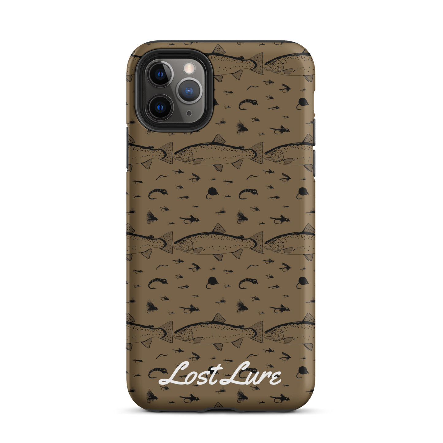 iPhone 11 Pro Max Trout and Fly repeating pattern phone case.