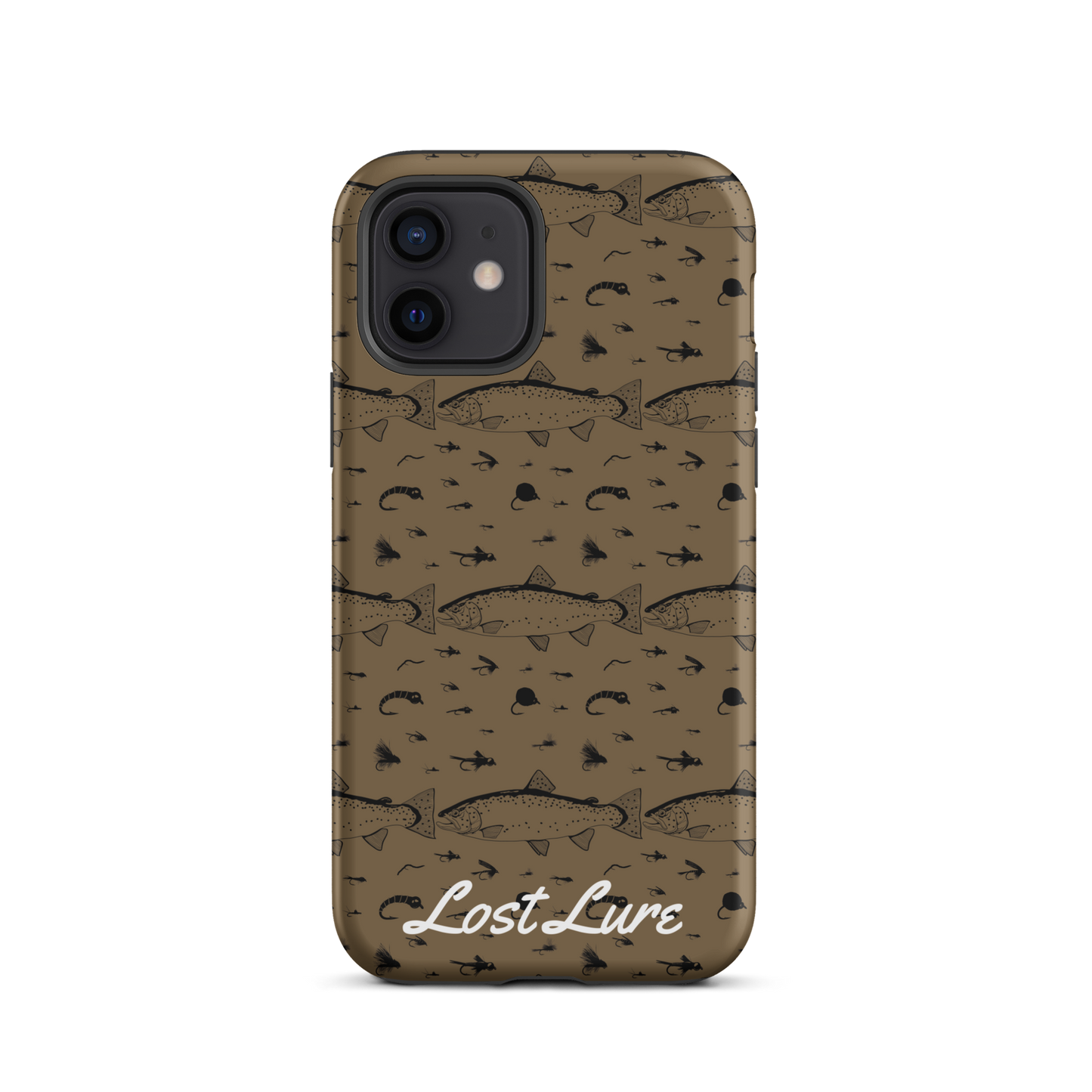 iPhone 12 Trout and Fly repeating pattern phone case.