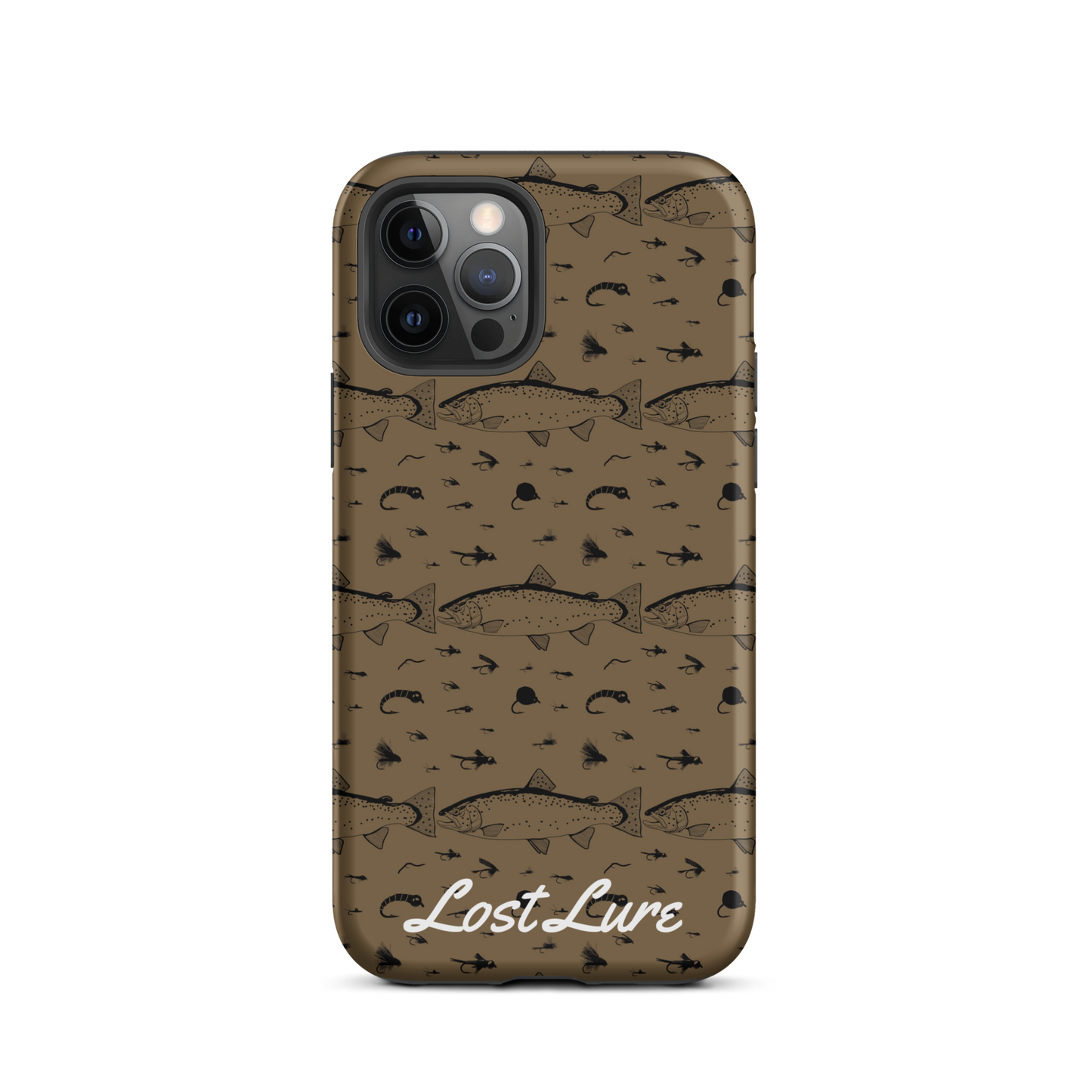 iPhone 12 Pro Trout and Fly repeating pattern phone case.