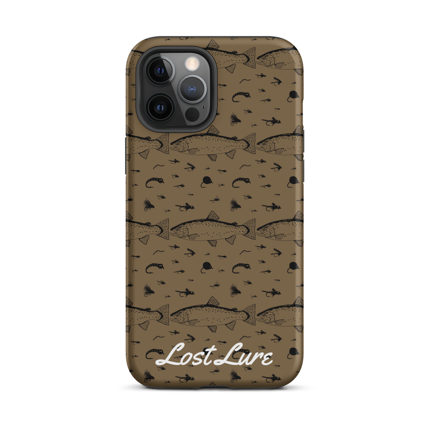 iPhone 12 Pro Max Trout and Fly repeating pattern phone case.