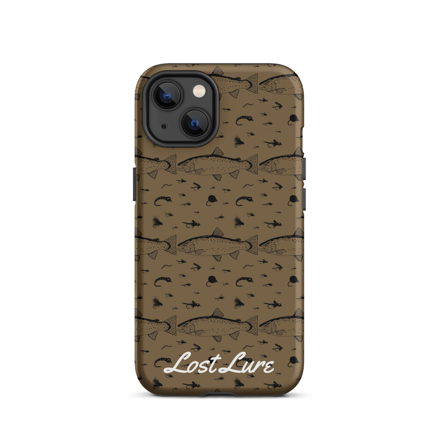 iPhone 13 Trout and Fly repeating pattern phone case.