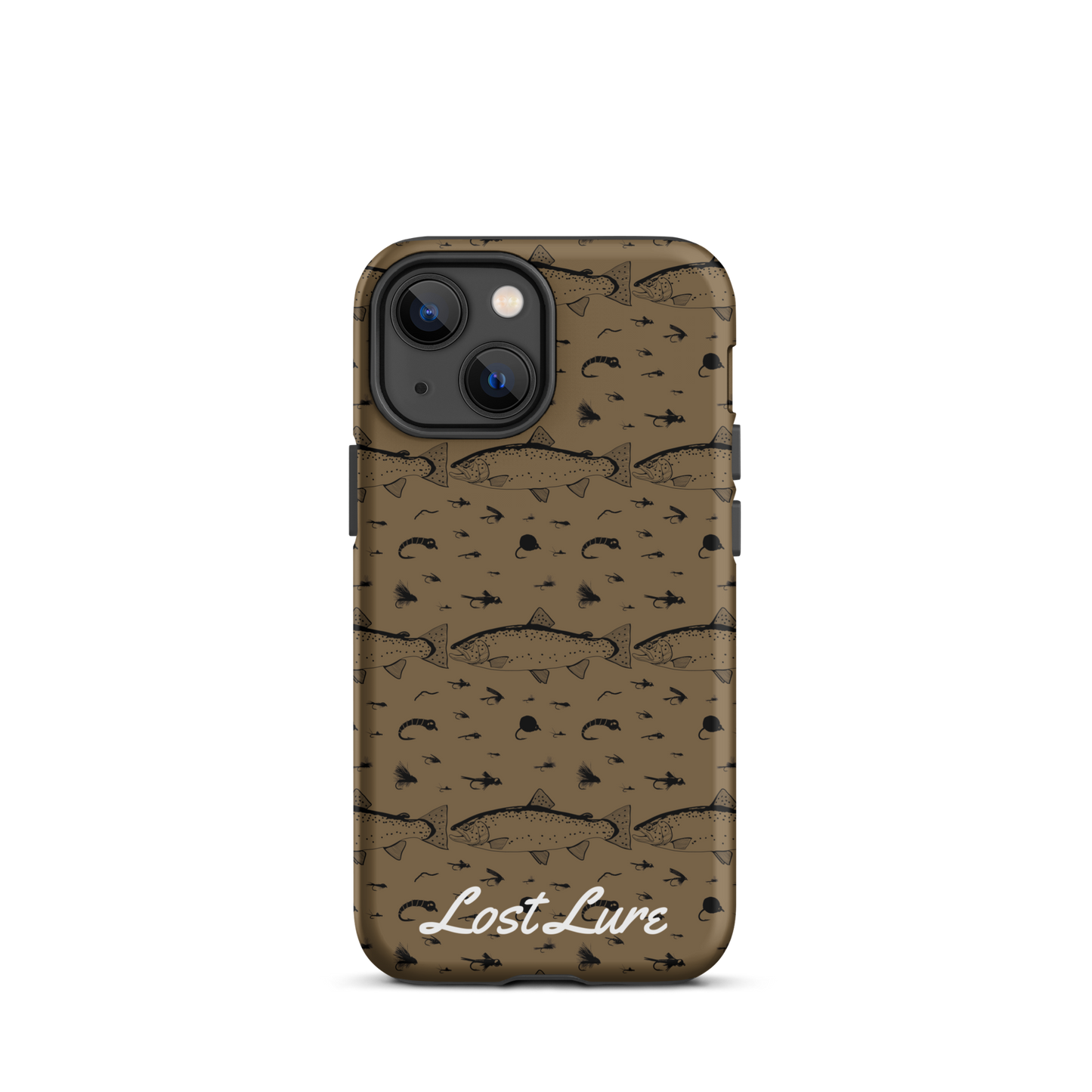 iPhone 13 mini Trout and Fly repeating pattern phone case.