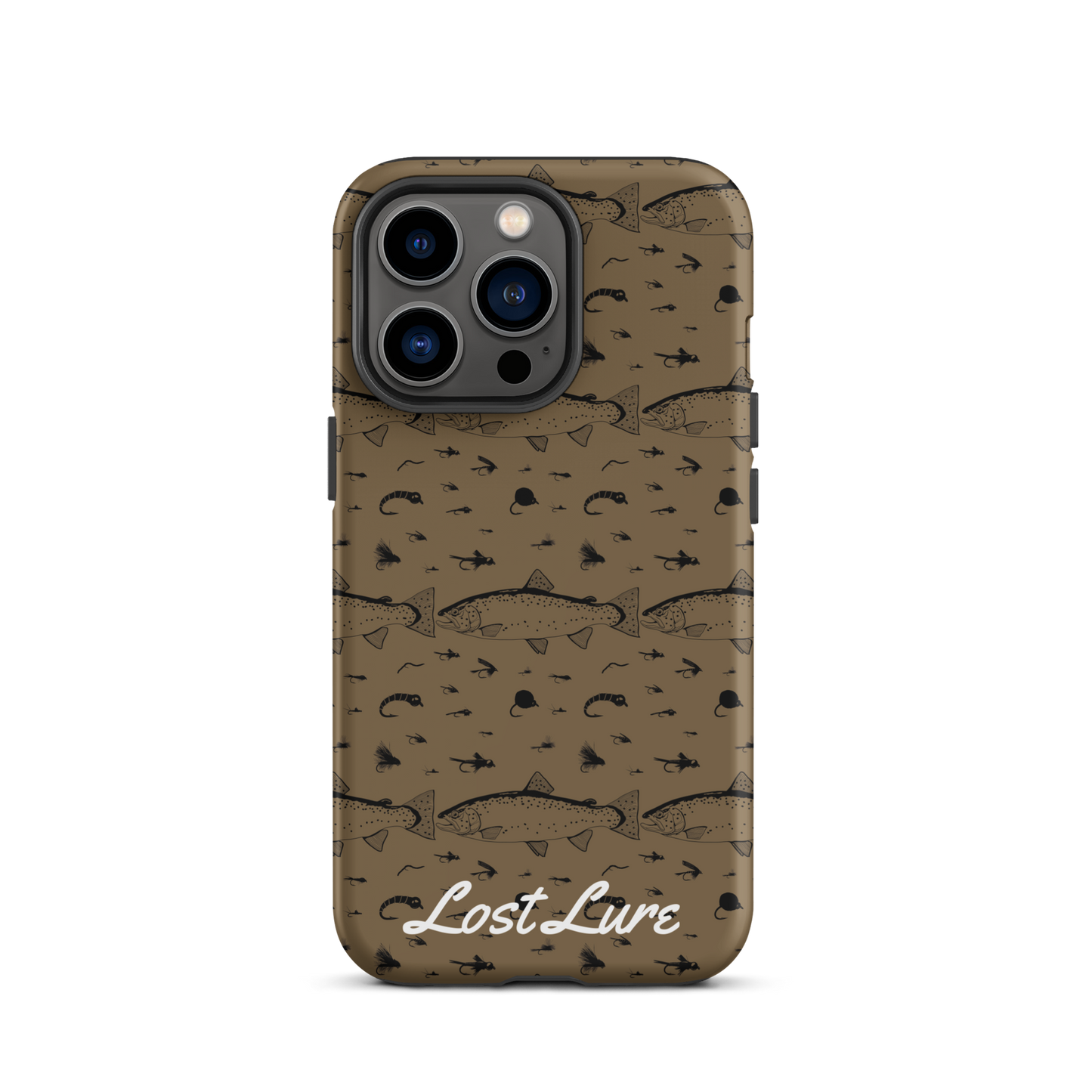 iPhone 13 Pro Trout and Fly repeating pattern phone case.