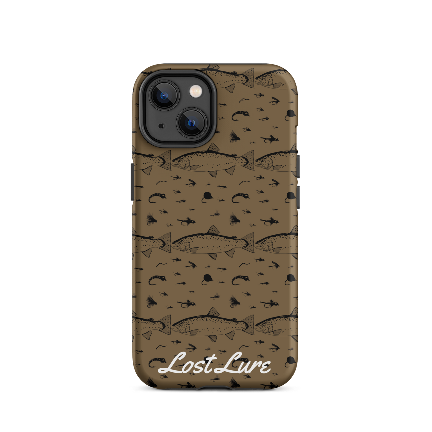 iPhone 14 Trout and Fly repeating pattern phone case.