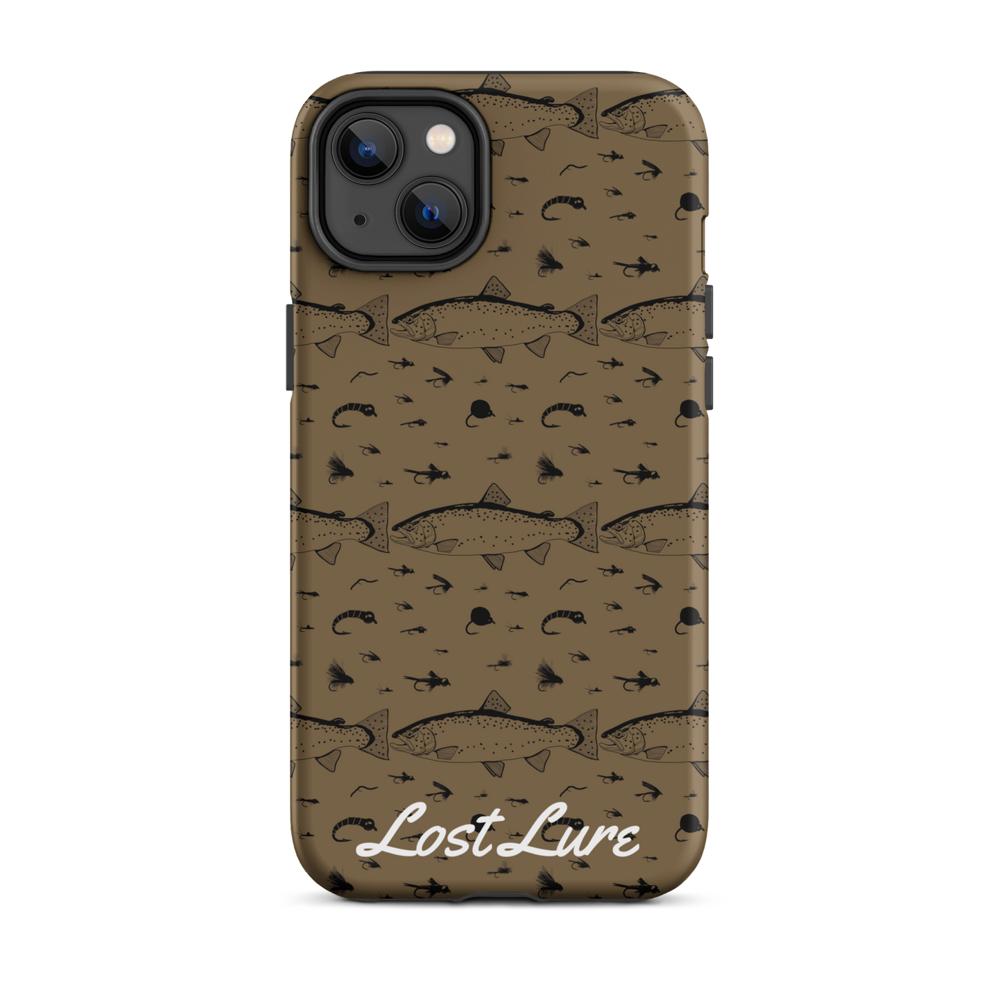 iPhone 14 Plus Trout and Fly repeating pattern phone case.