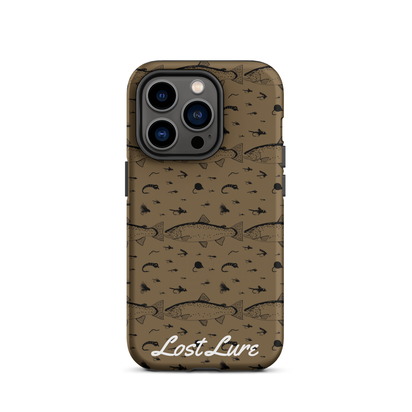 iPhone 14 Pro Trout and Fly repeating pattern phone case.