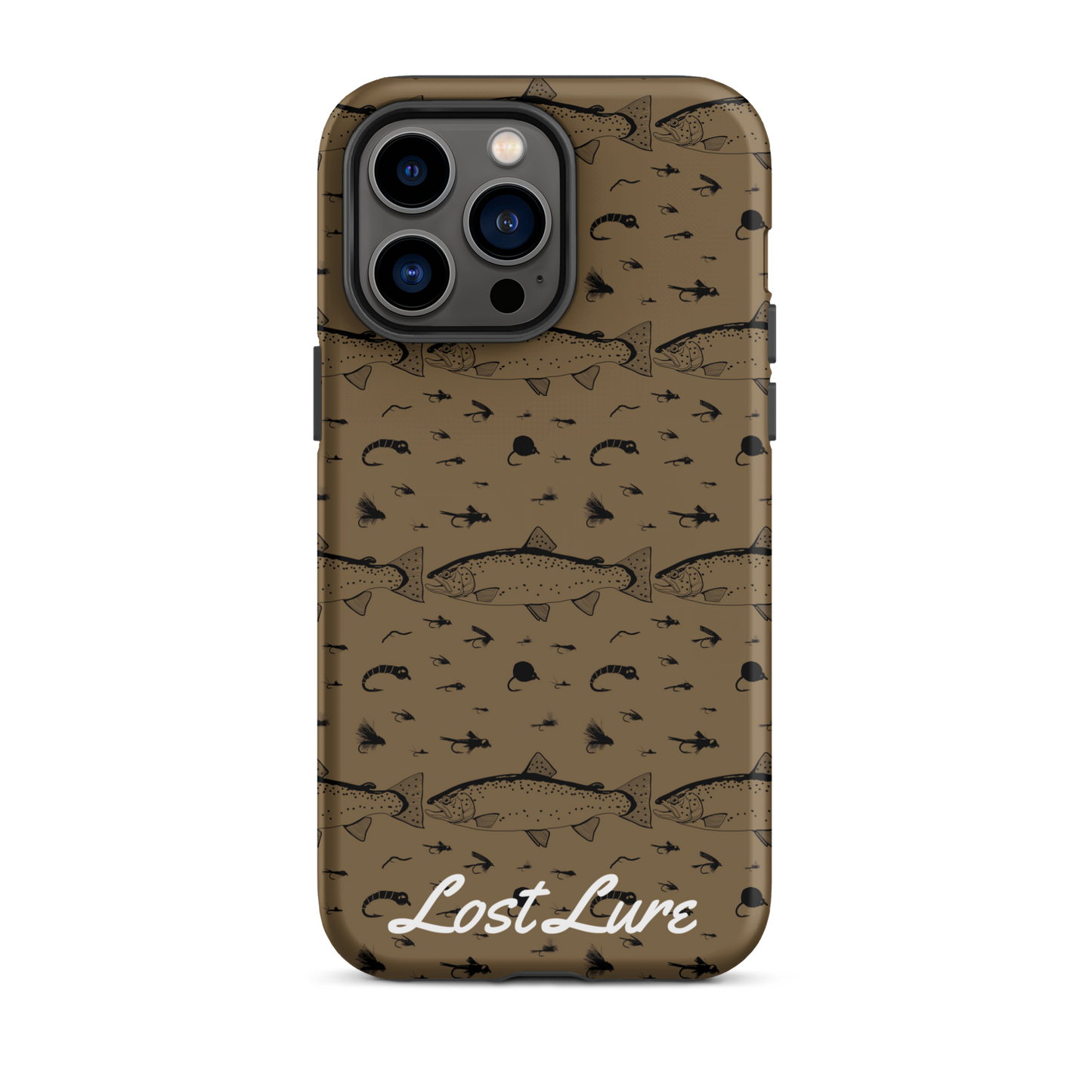 iPhone 14 Pro Max Trout and Fly repeating pattern phone case.