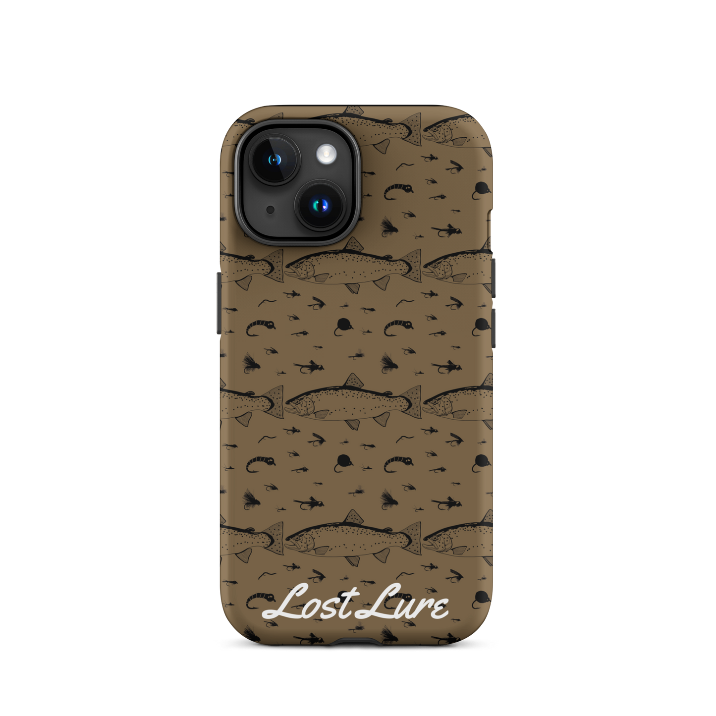 iPhone 15 Trout and Fly repeating pattern phone case.