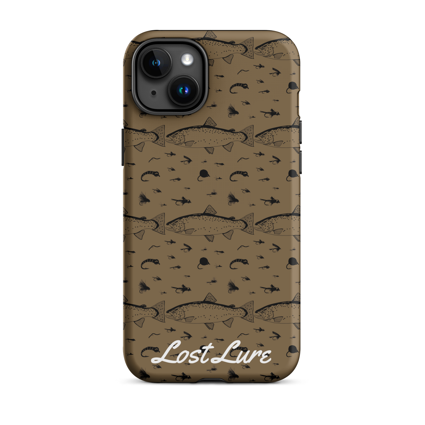 iPhone 15 plus Trout and Fly repeating pattern phone case.
