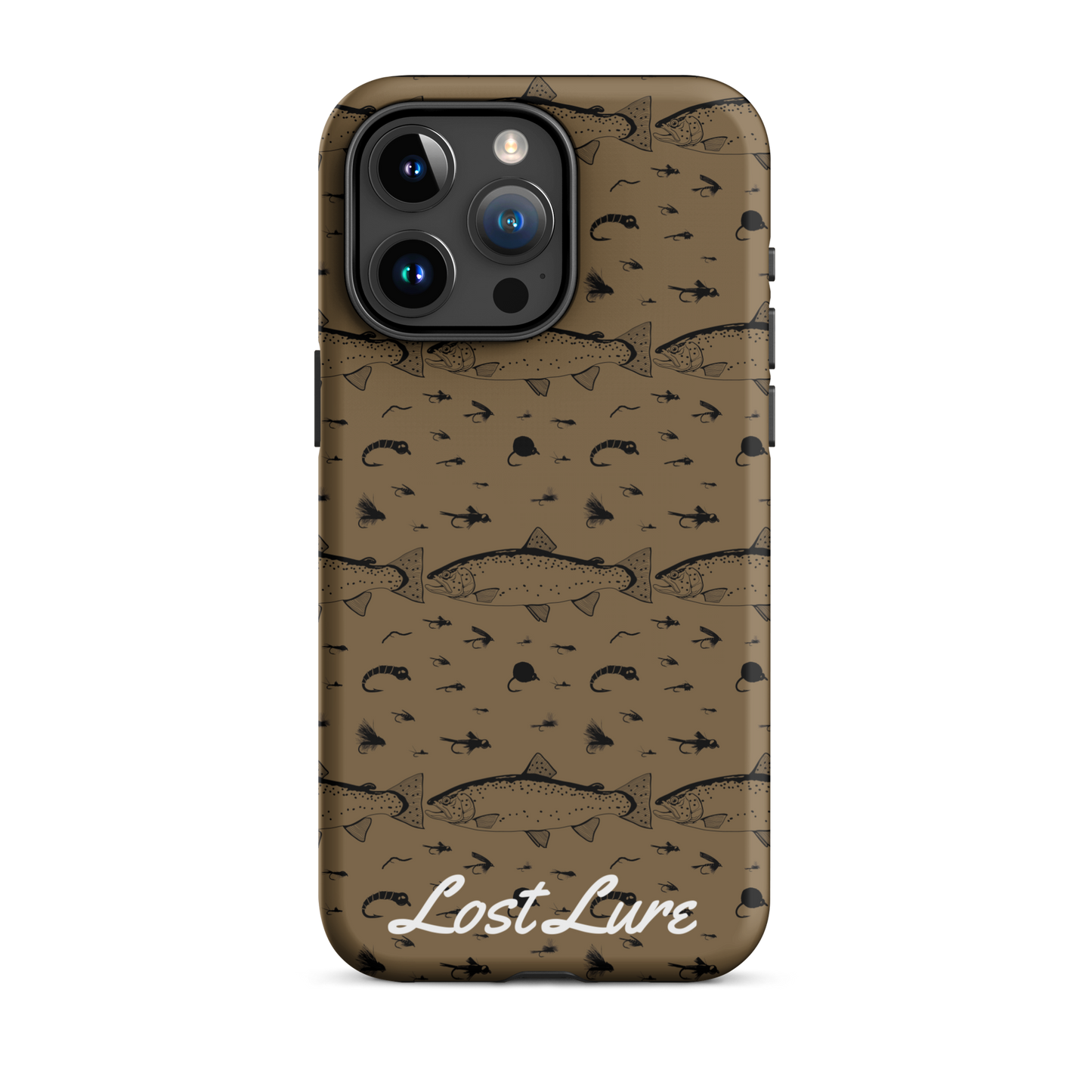 iPhone 15 pro max Trout and Fly repeating pattern phone case.