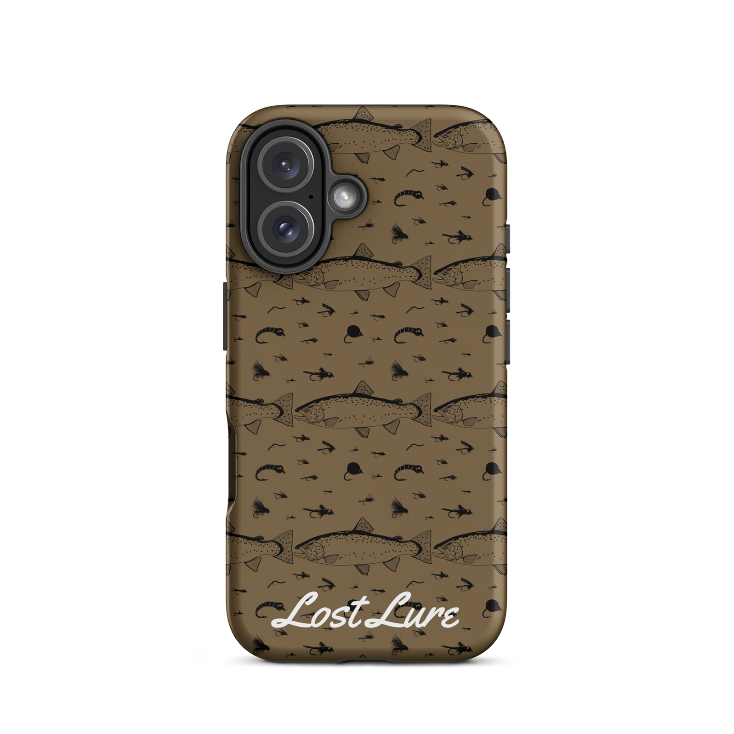 iPhone 16 Trout and Fly repeating pattern phone case.