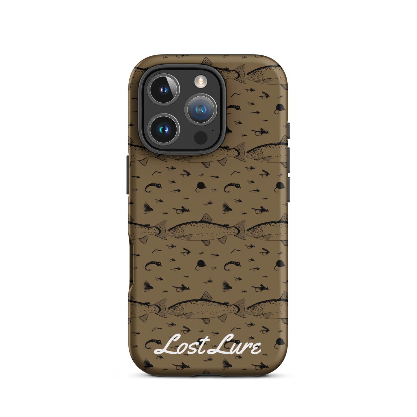 iPhone 16 pro Trout and Fly repeating pattern phone case.