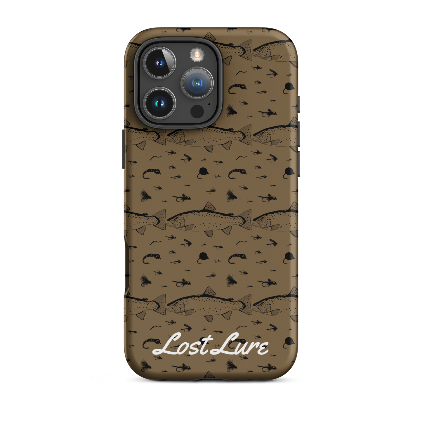 iPhone 16 pro max Trout and Fly repeating pattern phone case.