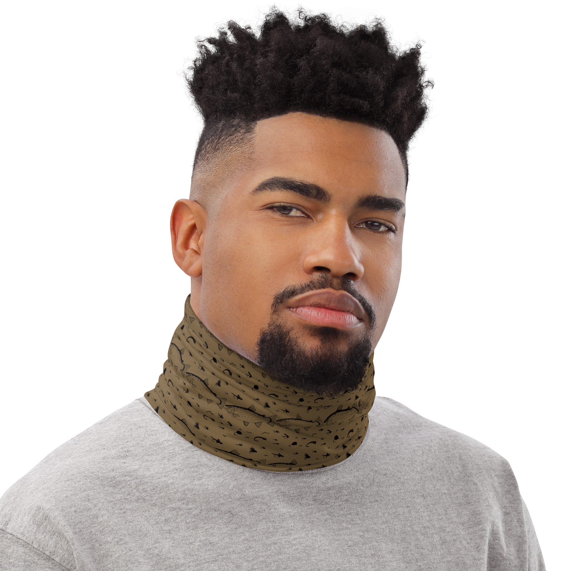 Man wearing brown fishing neck gaiter with trout and fly pattern.