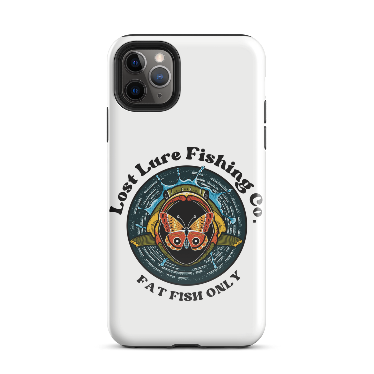White iPhone 11 Pro Max case with image of a largemouth bass jumping towards a butterfly. It reads “fat fish only”