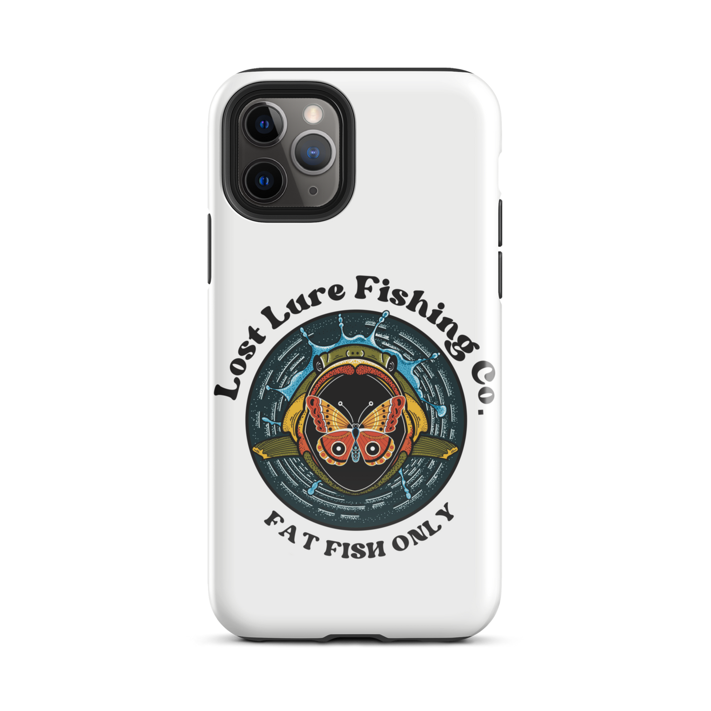 White iPhone 11 Pro case with image of a largemouth bass jumping towards a butterfly. It reads “fat fish only”