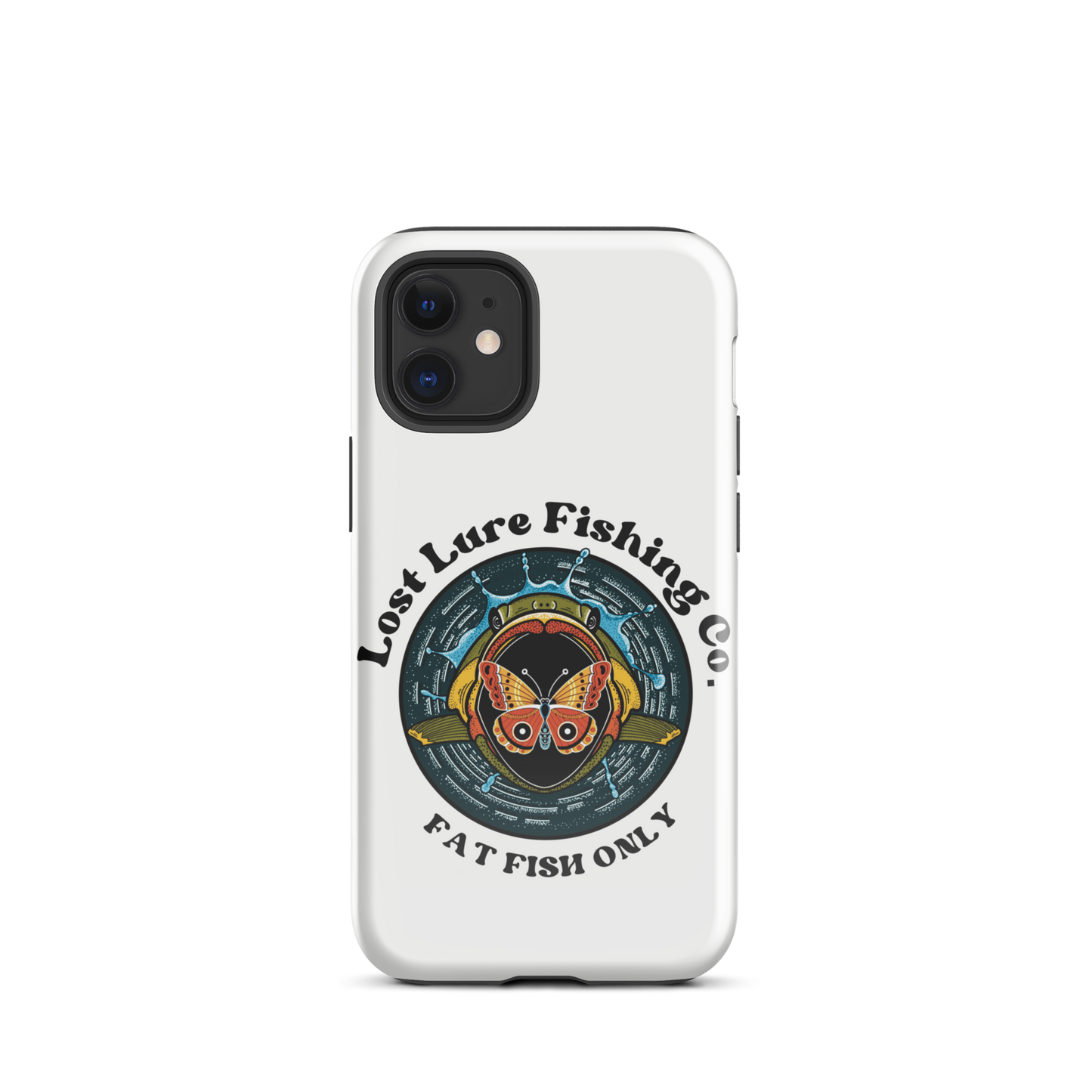 White iPhone 12 mini case with image of a largemouth bass jumping towards a butterfly. It reads “fat fish only”