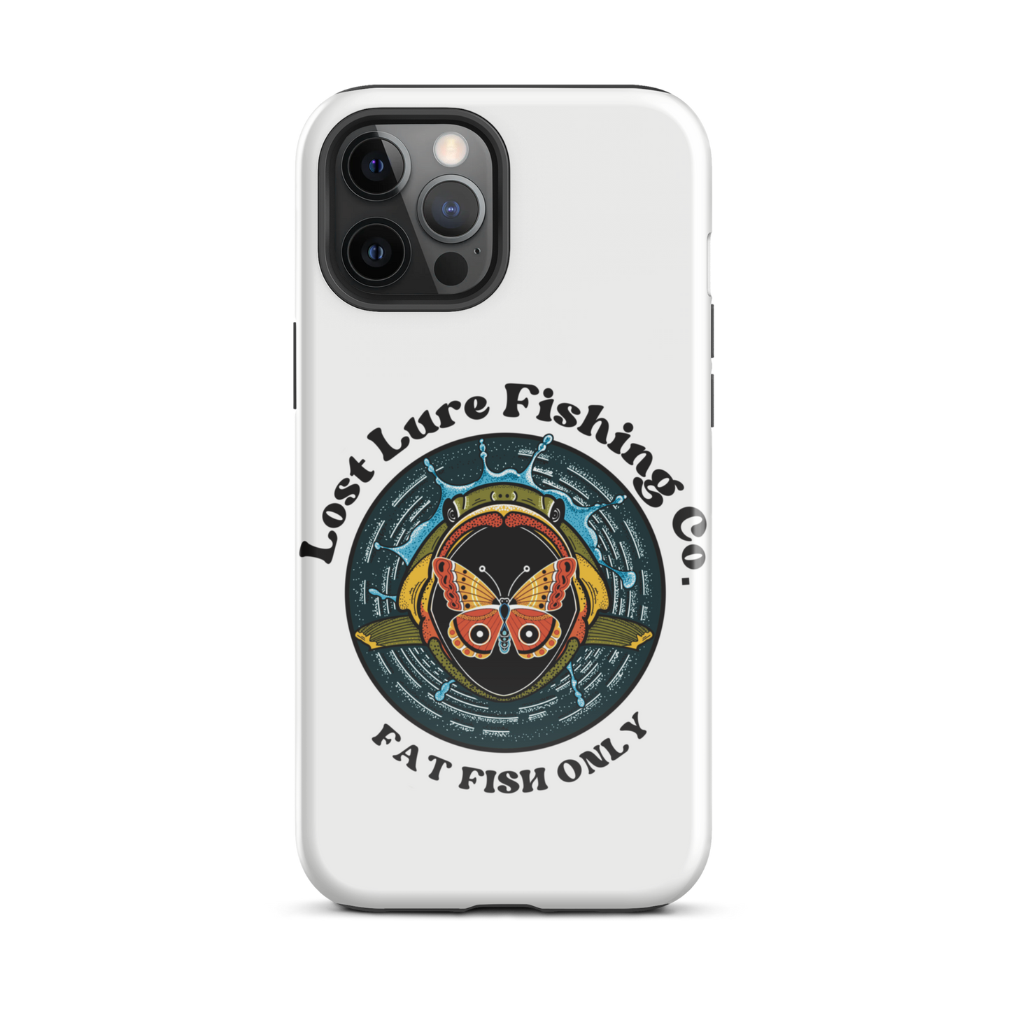 White iPhone 12 Pro Max case with image of a largemouth bass jumping towards a butterfly. It reads “fat fish only”