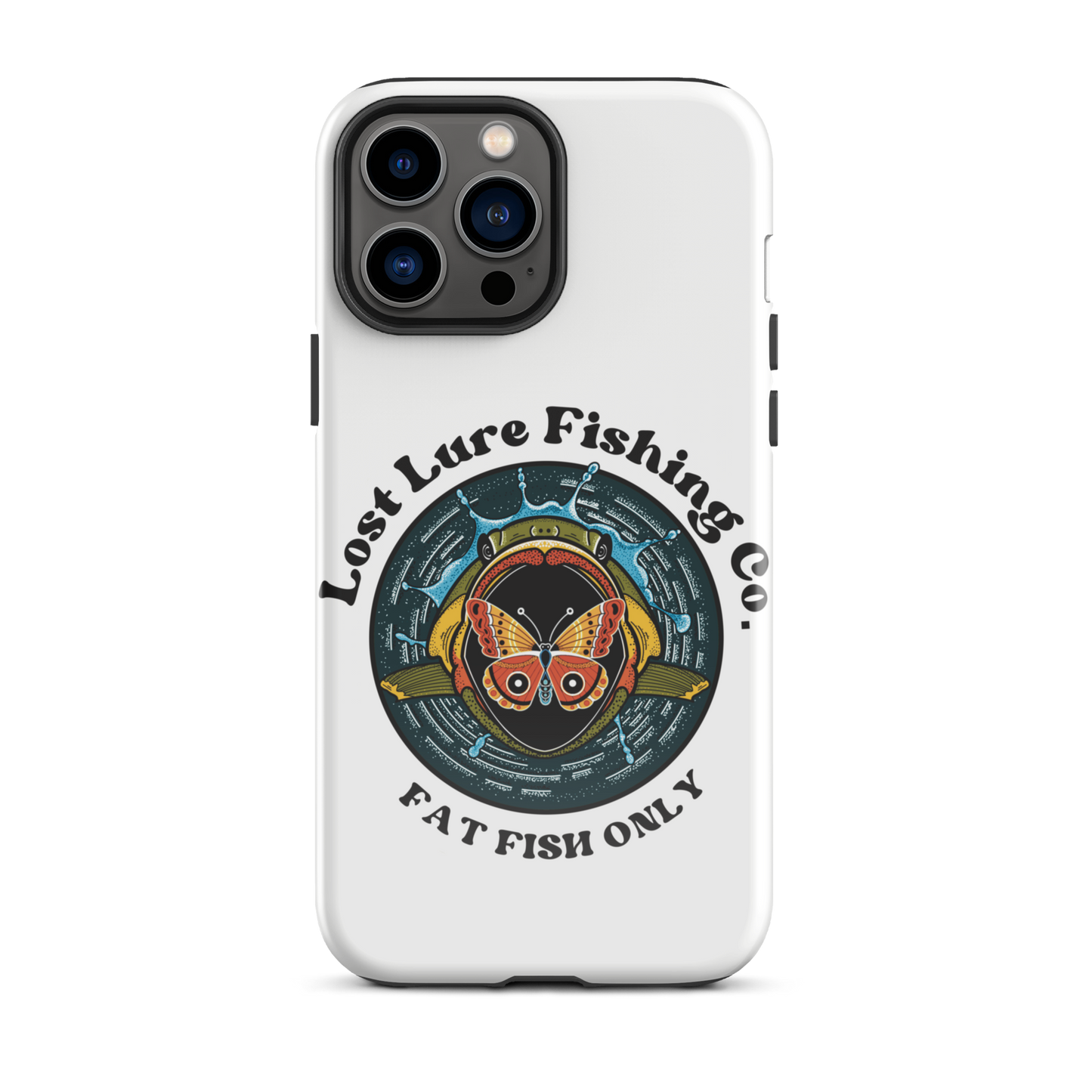 White iPhone 13 Pro Max case with image of a largemouth bass jumping towards a butterfly. It reads “fat fish only”