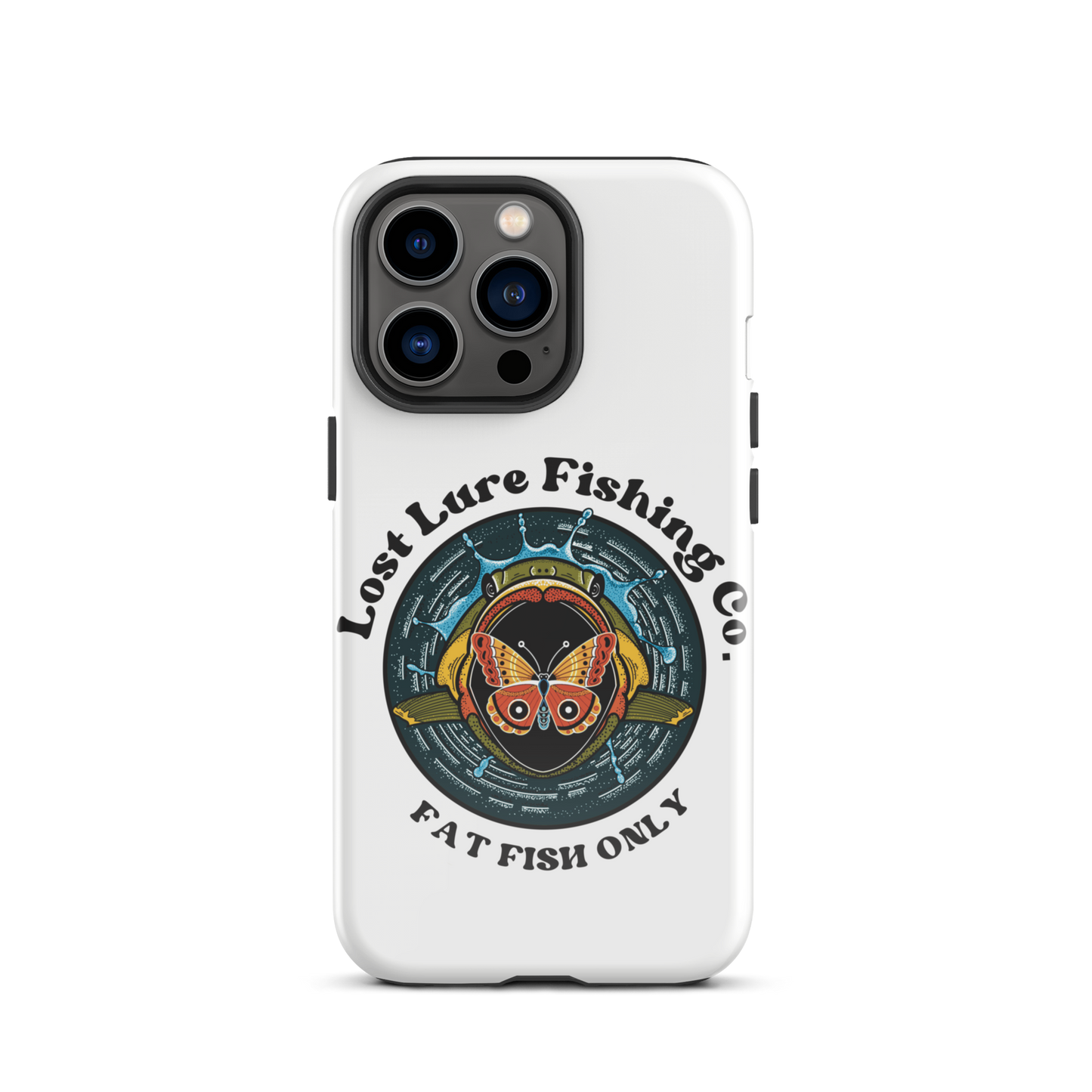 White iPhone 13 Pro case with image of a largemouth bass jumping towards a butterfly. It reads “fat fish only”