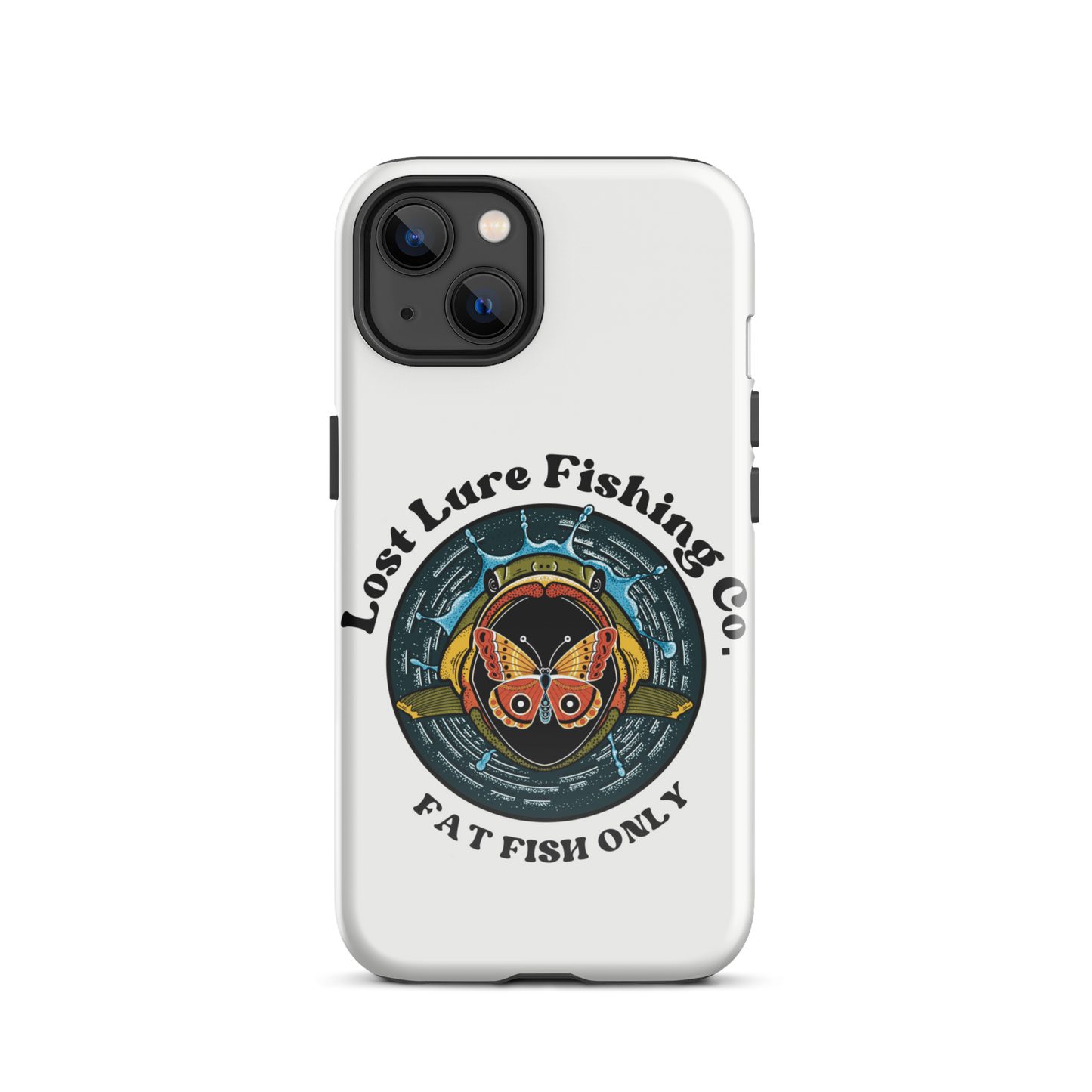 White iPhone 13 case with image of a largemouth bass jumping towards a butterfly. It reads “fat fish only”