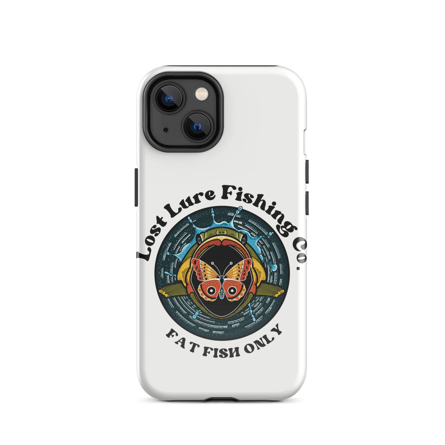 White iPhone 14 case with image of a largemouth bass jumping towards a butterfly. It reads “fat fish only”