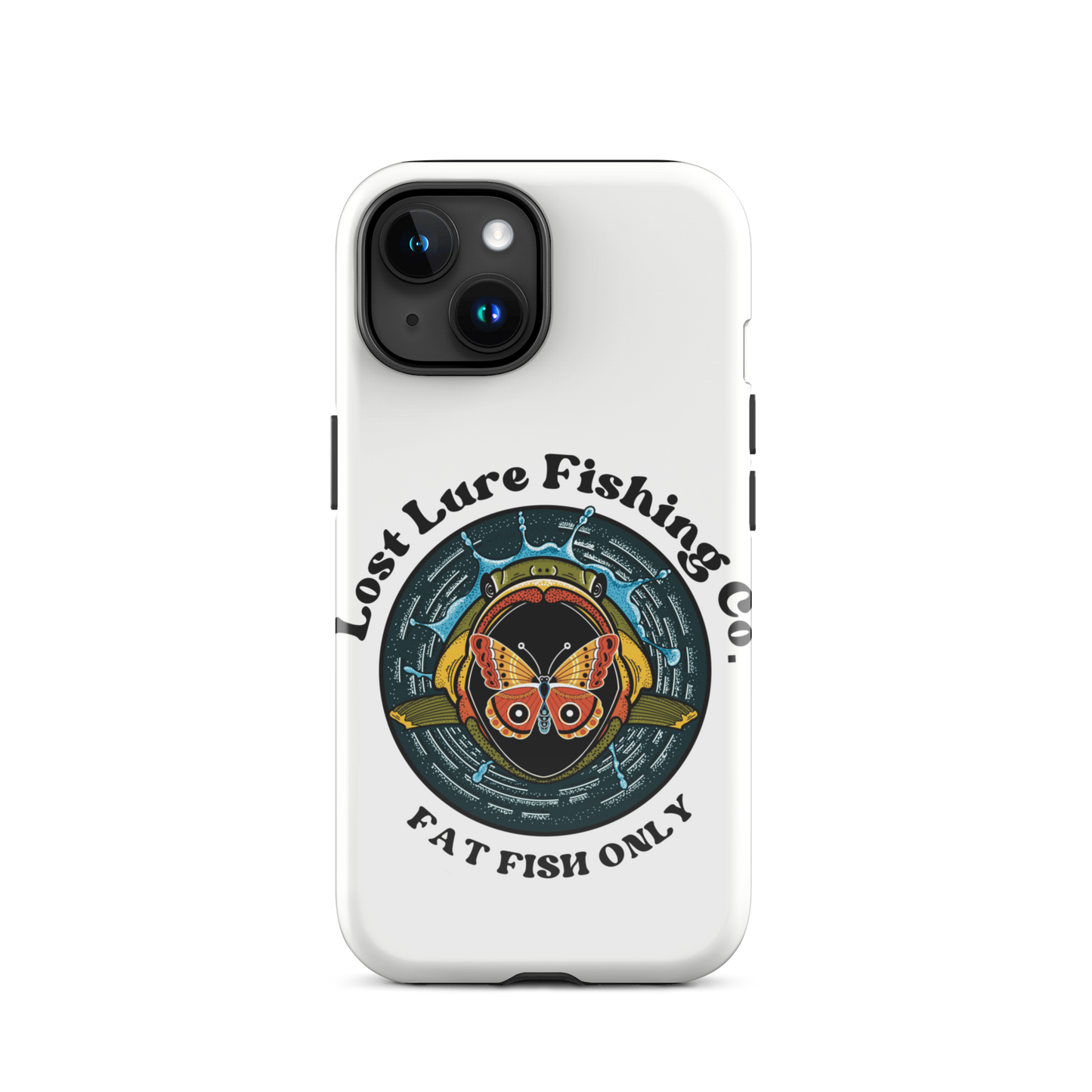 White iPhone 15 case with image of a largemouth bass jumping towards a butterfly. It reads “fat fish only”