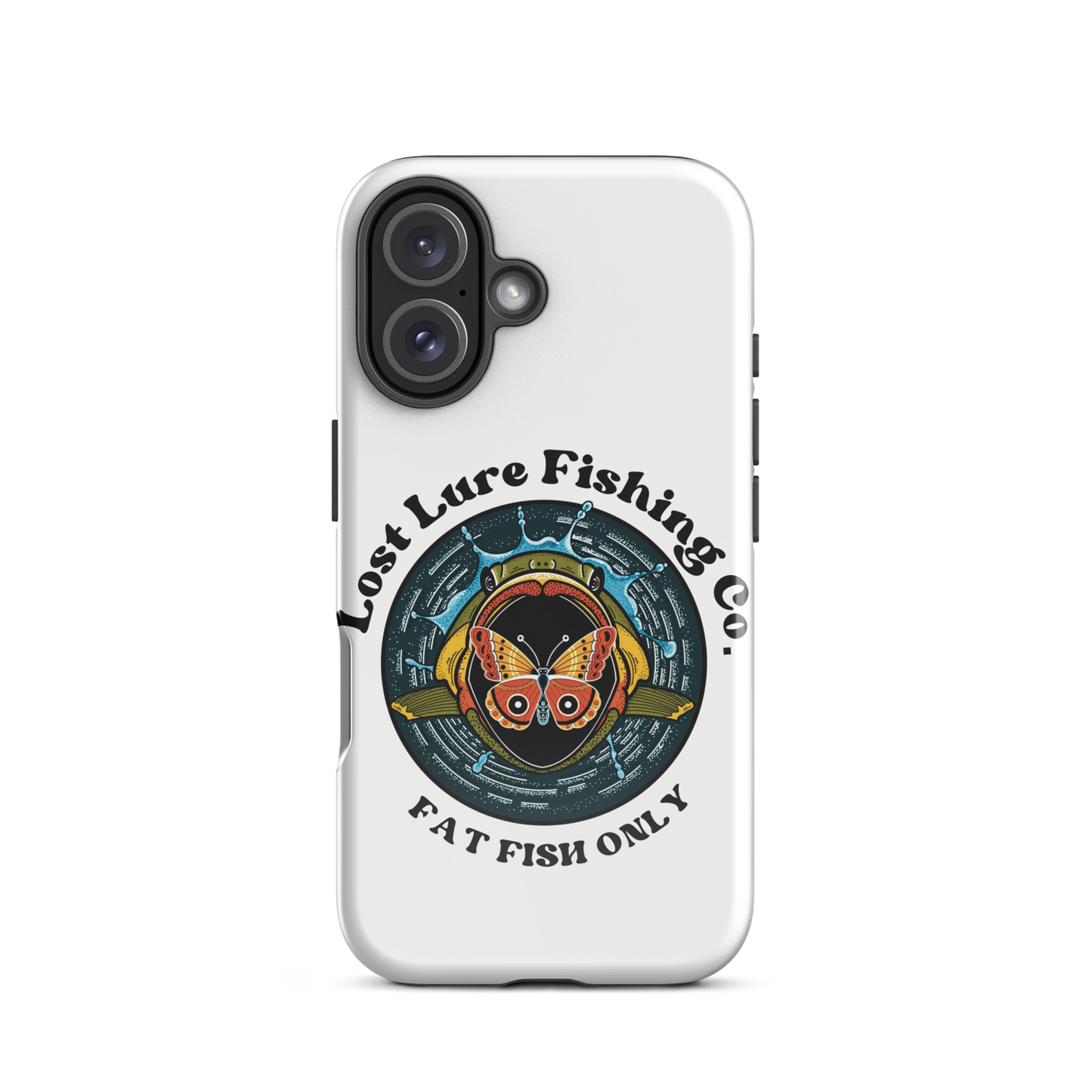White iPhone 16 case with image of a largemouth bass jumping towards a butterfly. It reads “fat fish only”
