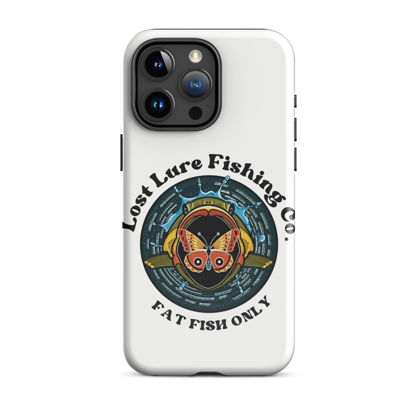 White iPhone 15 pro max case with image of a largemouth bass jumping towards a butterfly. It reads “fat fish only”