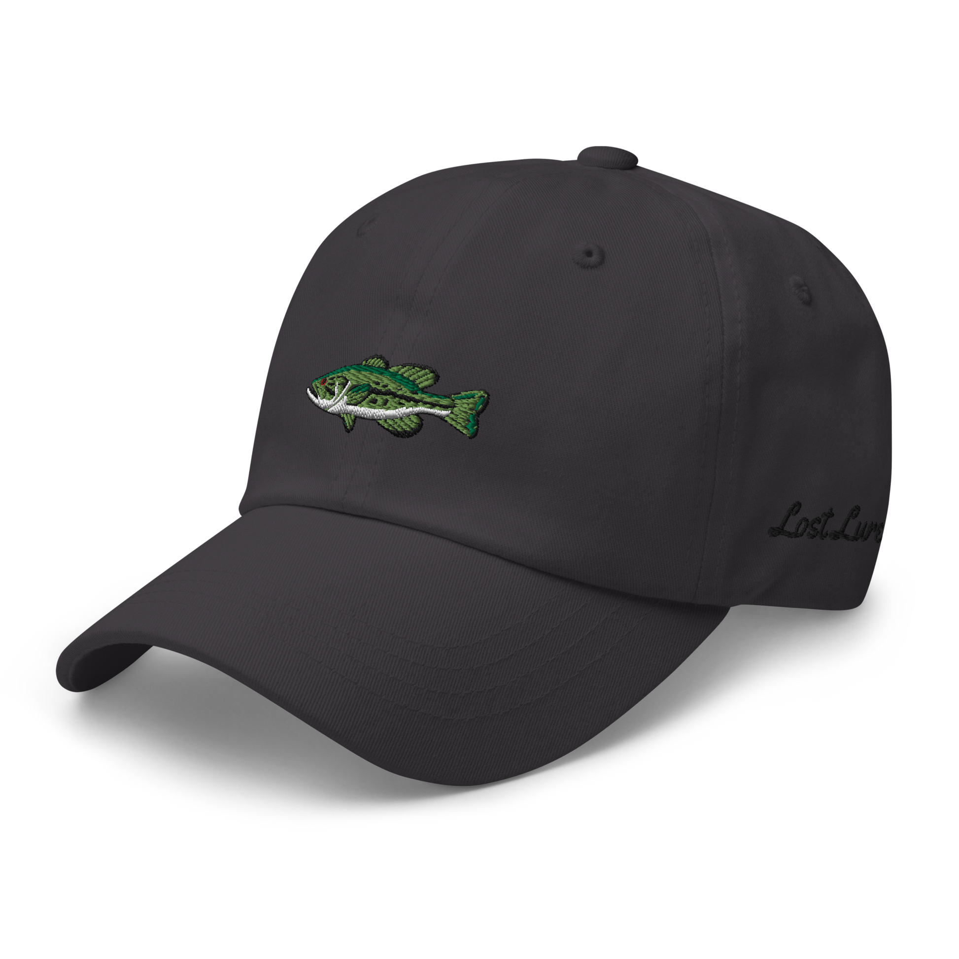 Gray Bass Fishing Hat with embroidered largemouth bass on the front.