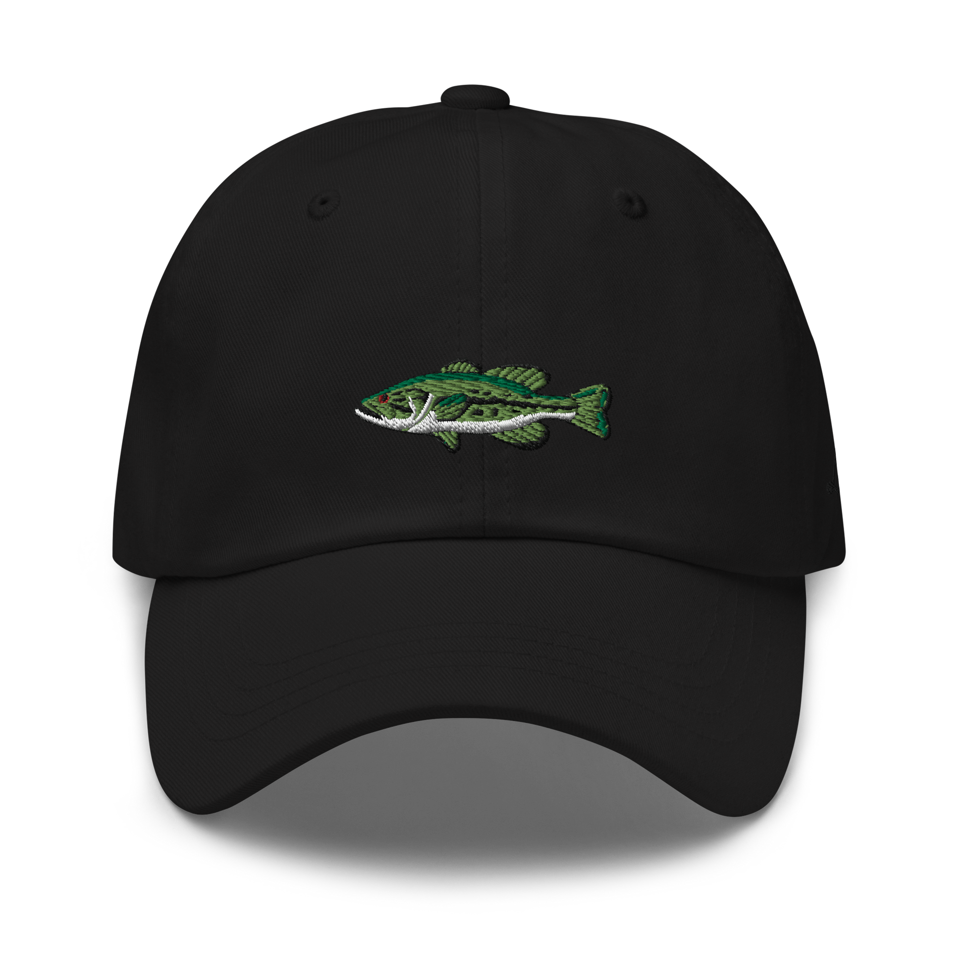 Black Fishing Hat with embroidered largemouth bass on the front.
