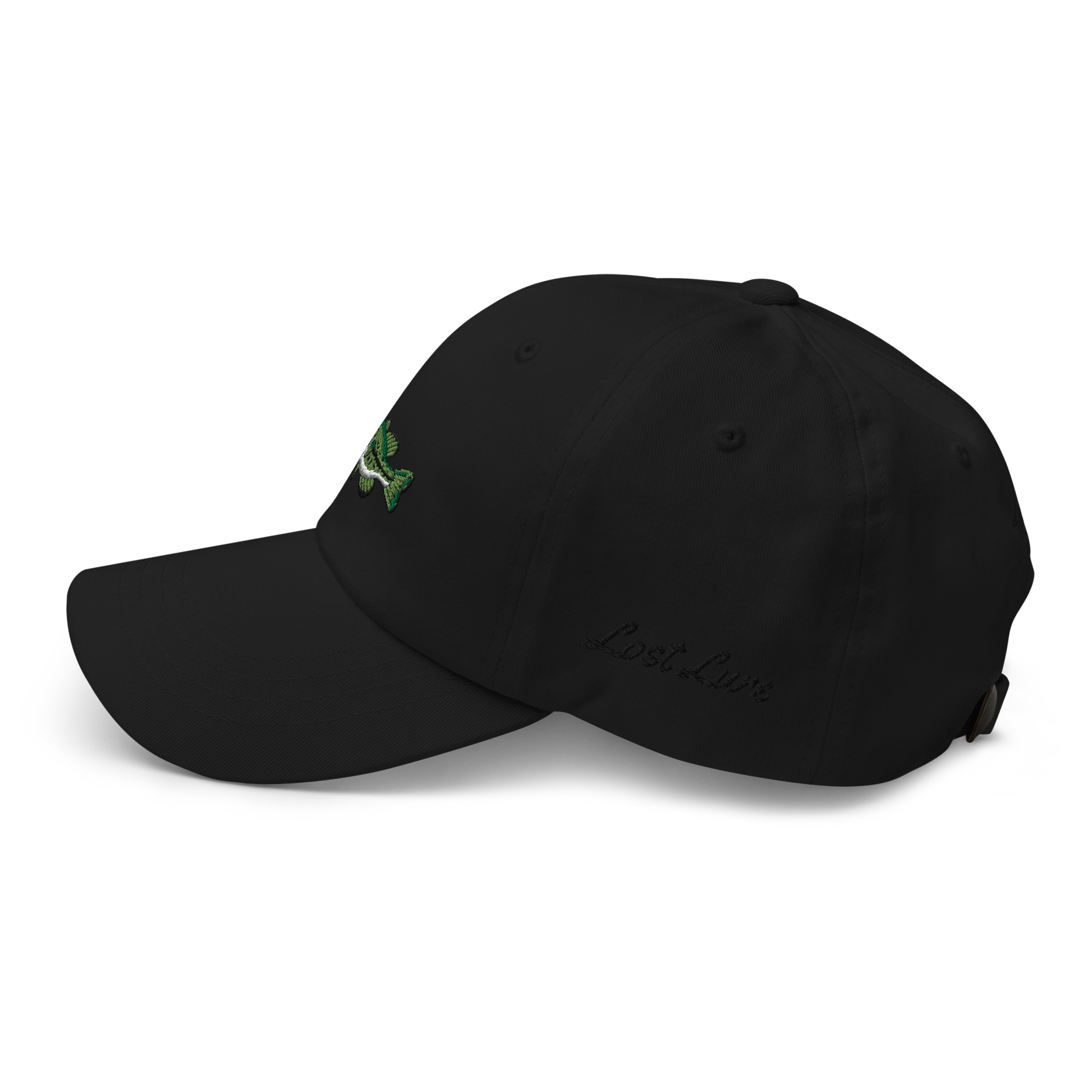 Black Fishing Hat with embroidered largemouth bass on the front left side