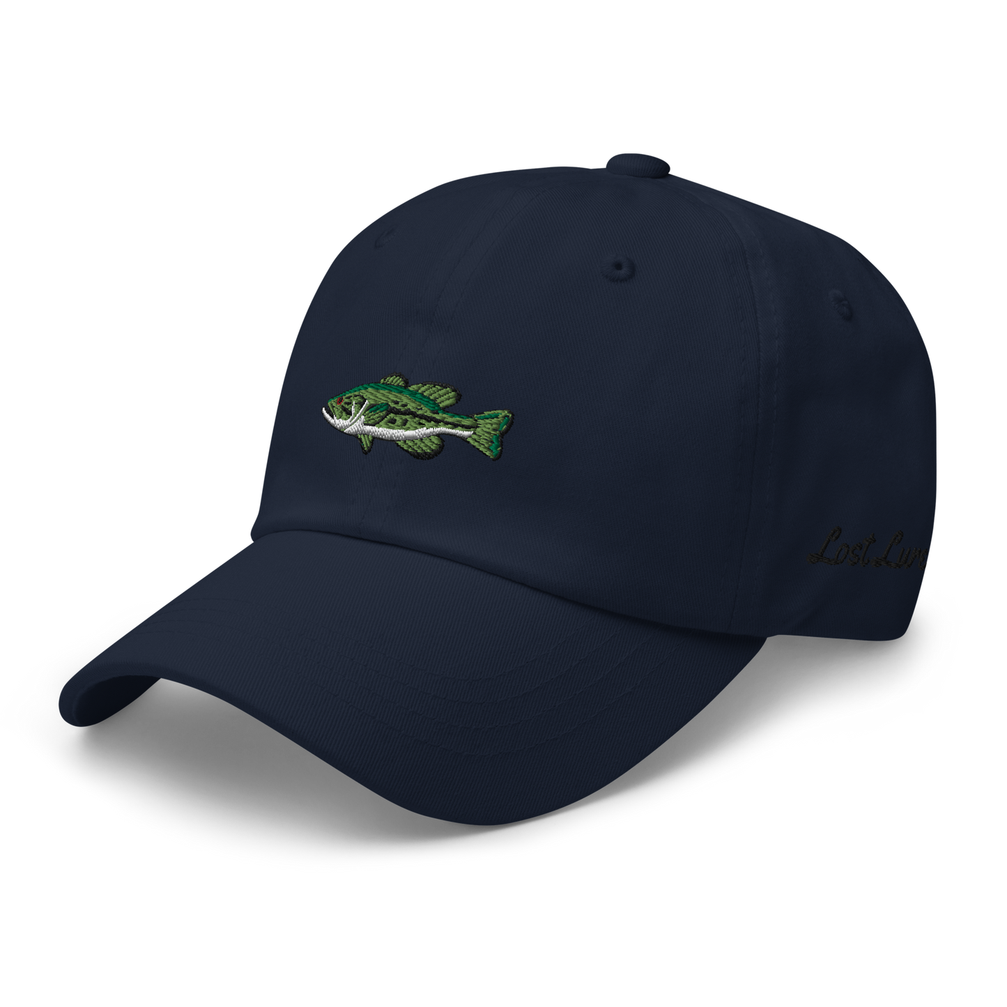 Dark blue Bass Fishing Hat with embroidered largemouth bass on the front.