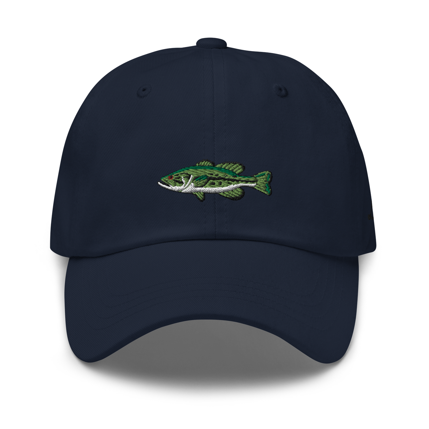 Dark blue Bass Fishing Hat with embroidered largemouth bass on the front.