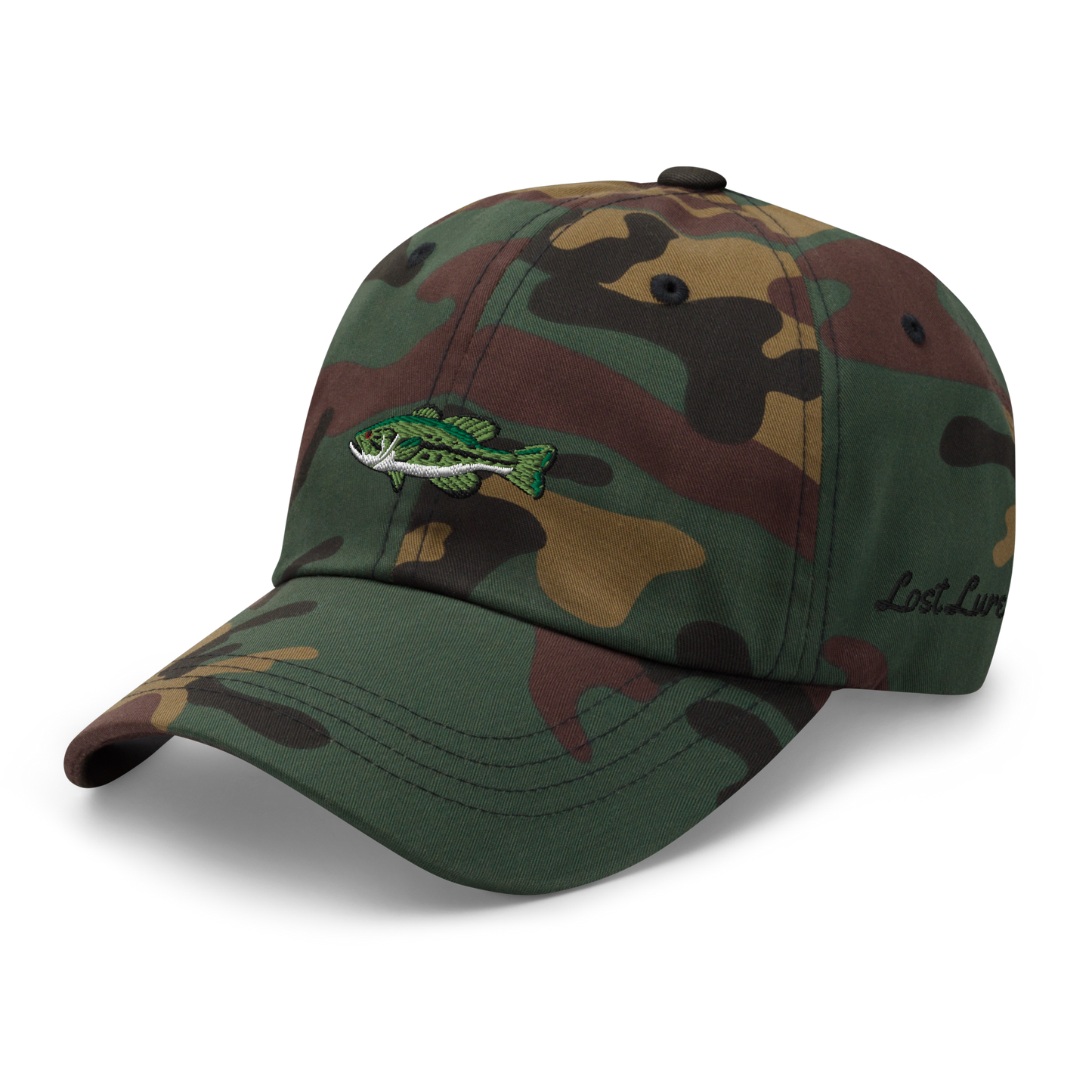 Camo Bass Fishing Hat with embroidered largemouth bass on the front.