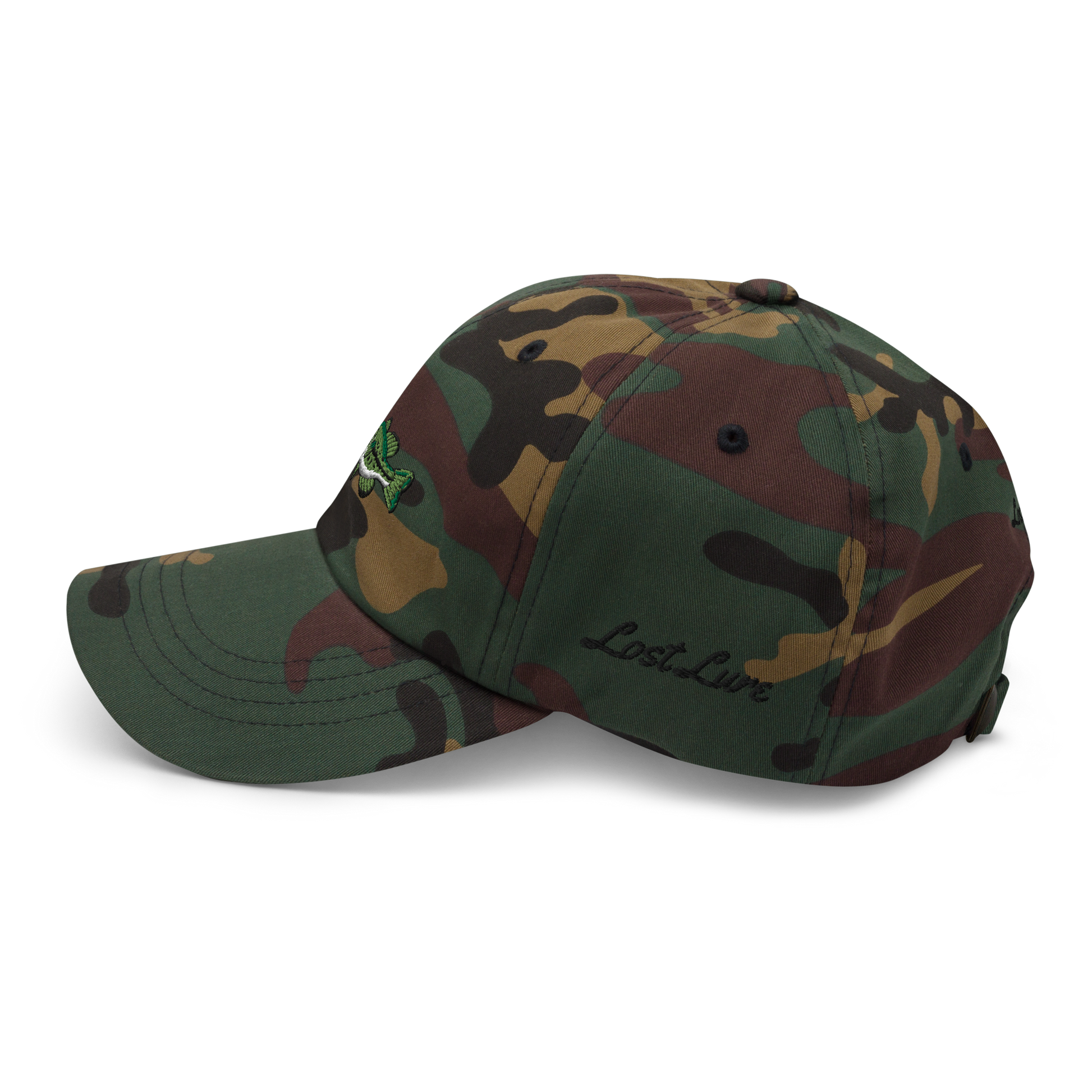 Camo  Bass Fishing Hat with embroidered largemouth bass on the front.