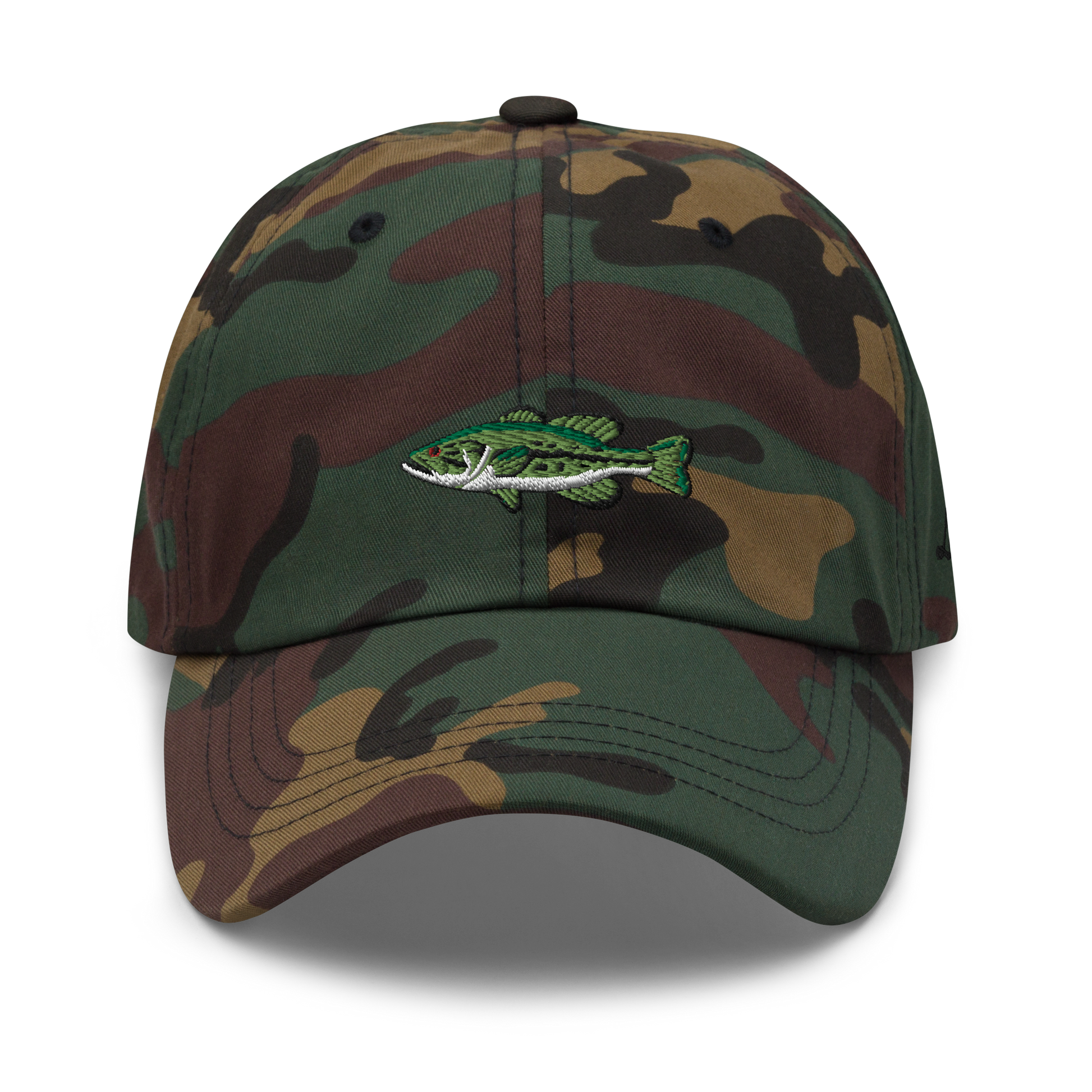 Camo  Bass Fishing Hat with embroidered largemouth bass on the front.