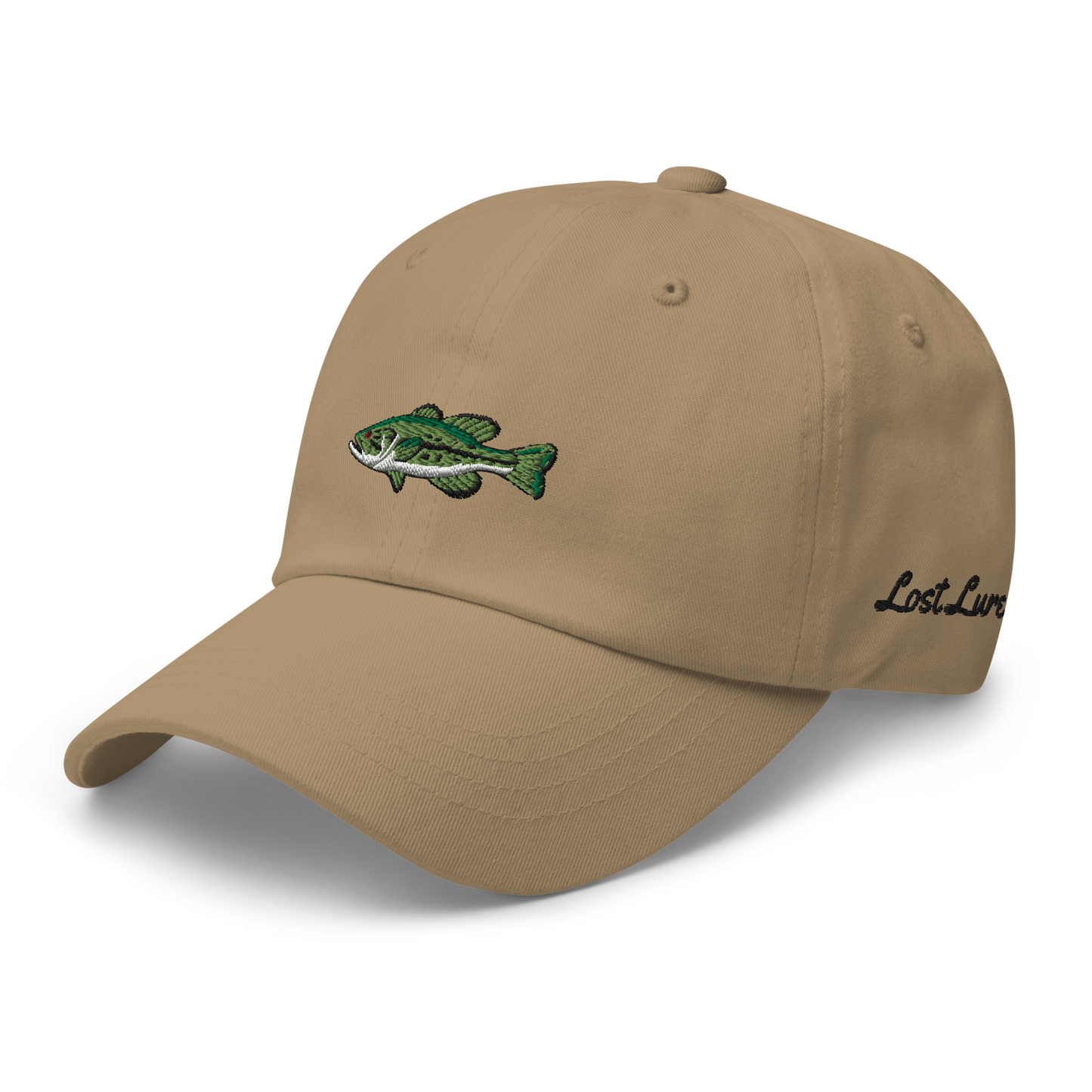 light brown Bass Fishing Hat with embroidered largemouth bass on the front.