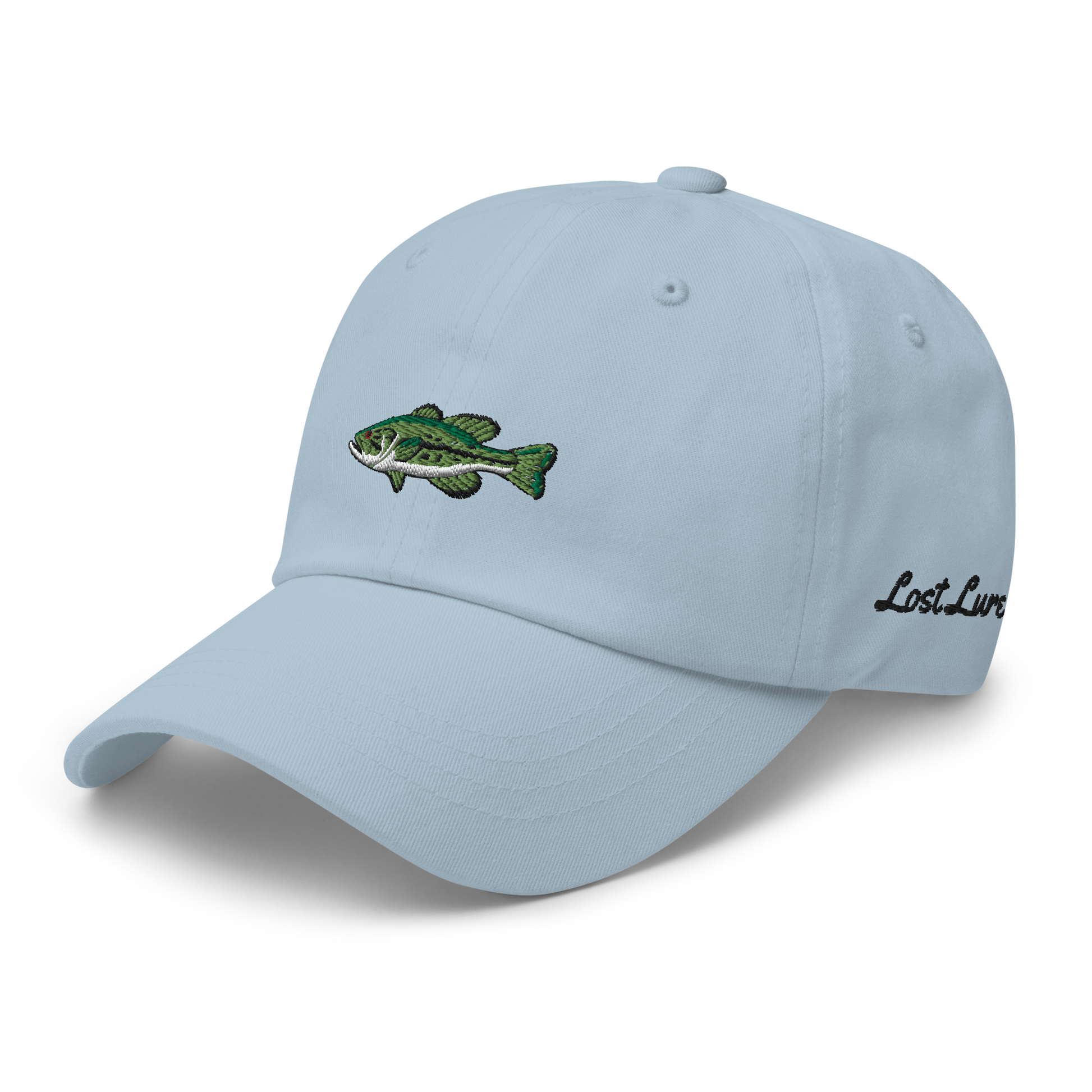 Baby Blue Bass Fishing Hat/ dad hat with embroidered largemouth bass on the front.
