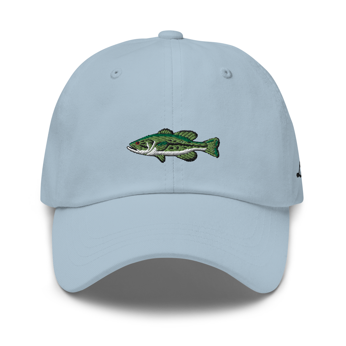 Baby Blue Bass Fishing Hat with embroidered largemouth bass on the front.