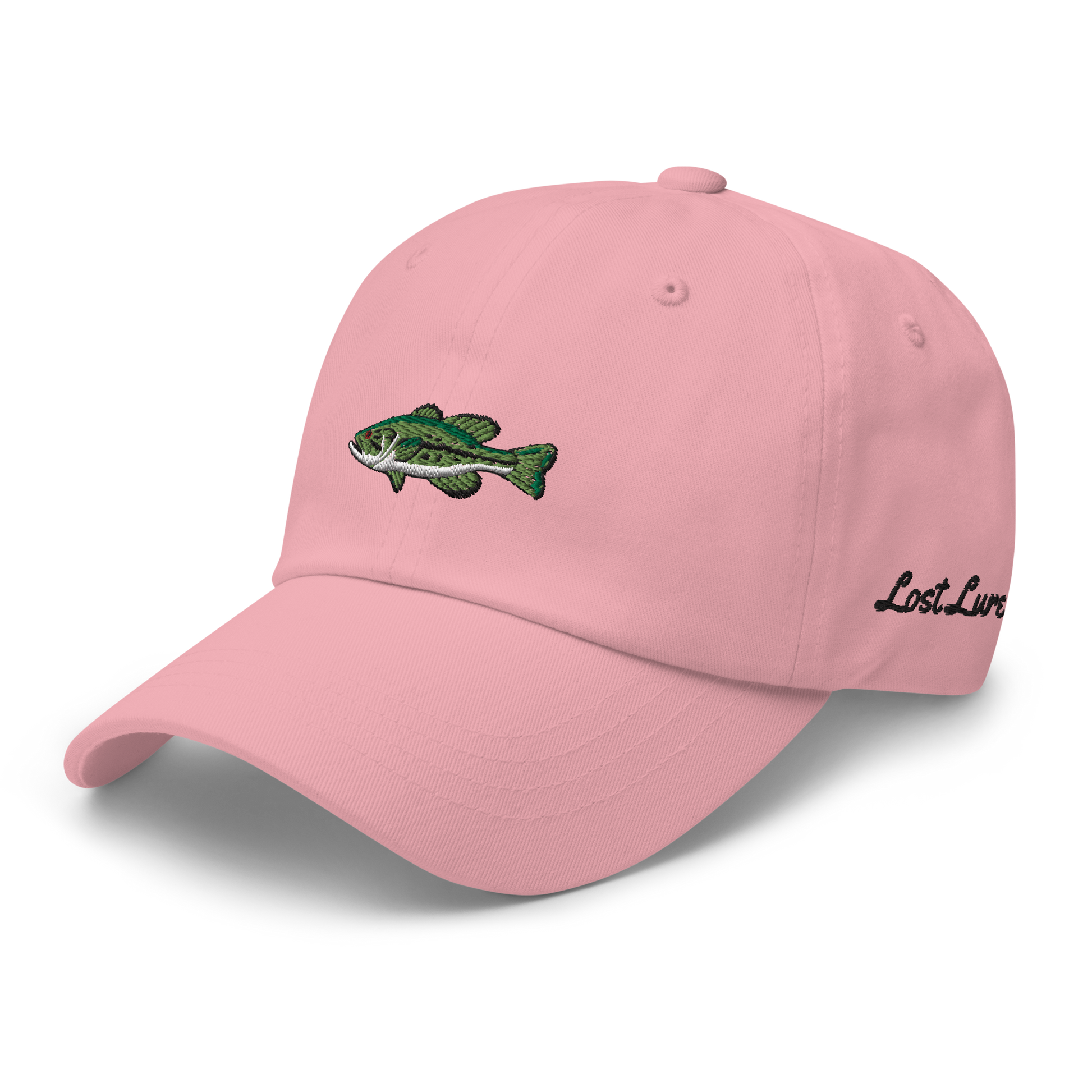 Pink women’s Bass Fishing hat with embroidered largemouth bass on the front.