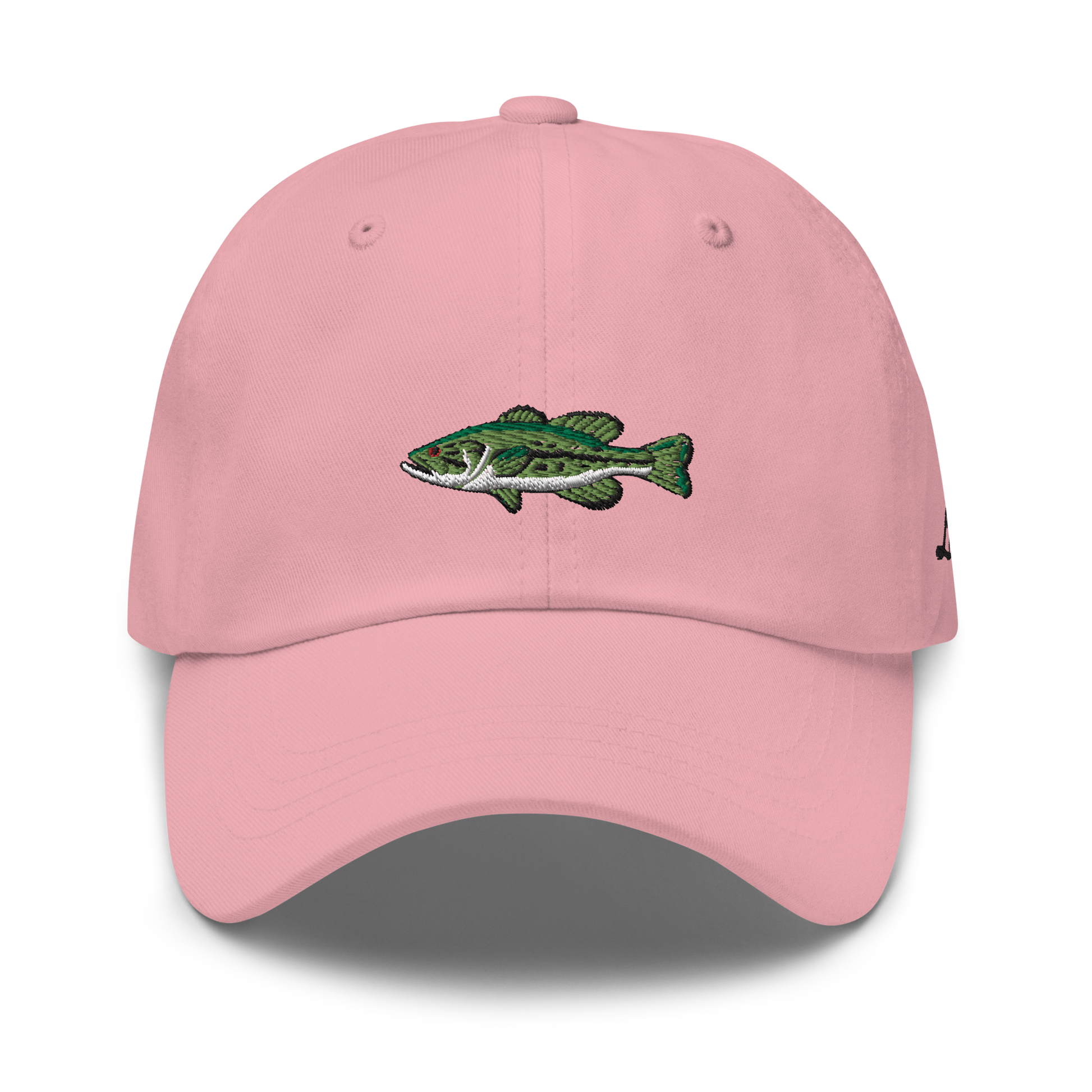 Pink women’s Bass Fishing Hat  with embroidered largemouth bass on the front.