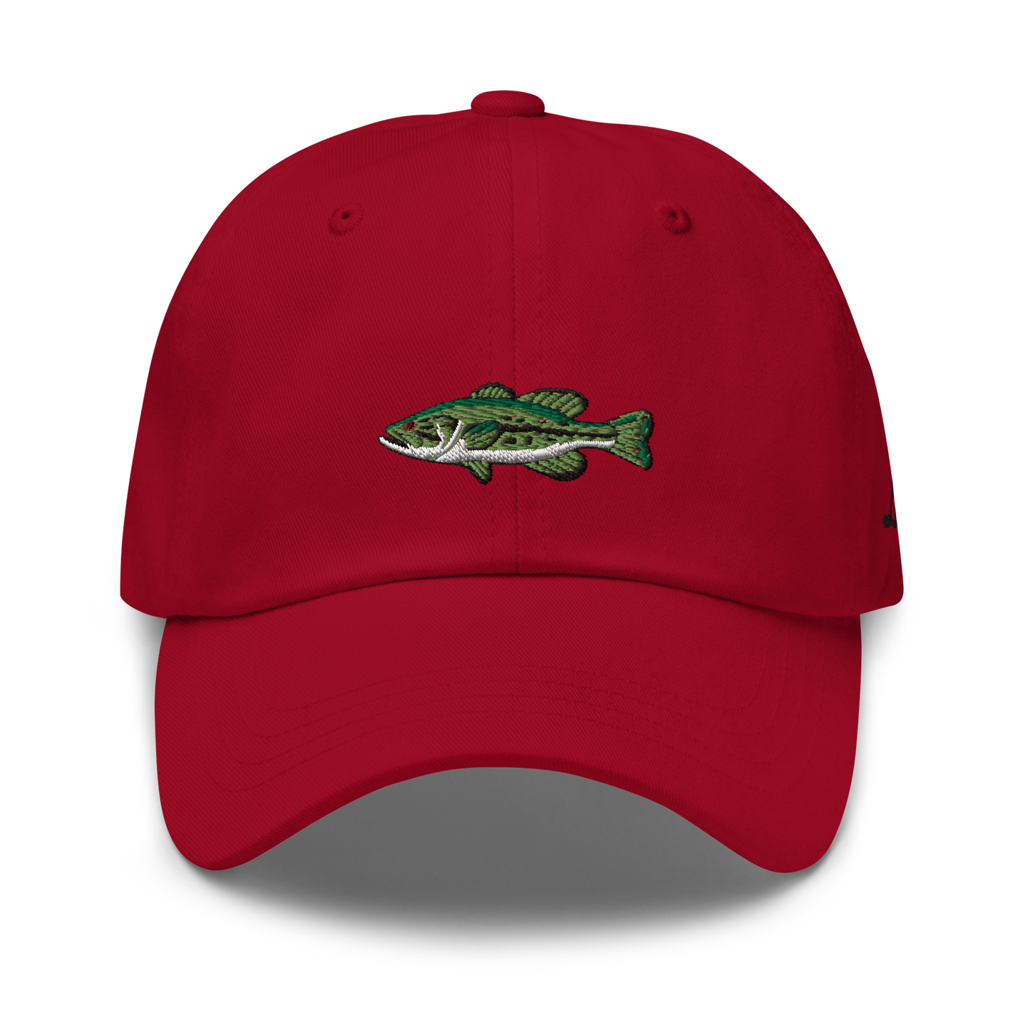 Red Bass Fishing Hat with embroidered largemouth bass on the front.