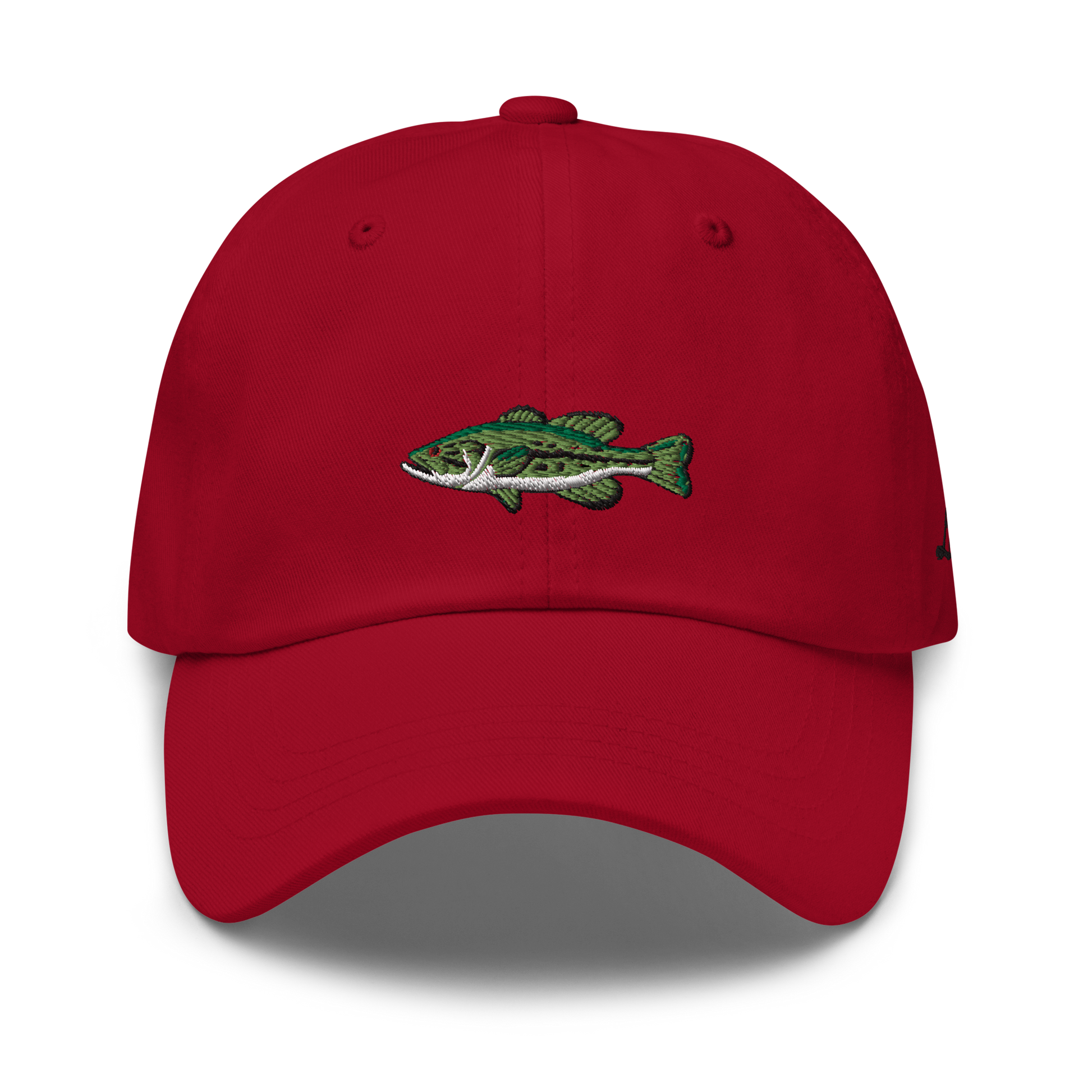 Red Bass Fishing Hat with embroidered largemouth bass on the front.