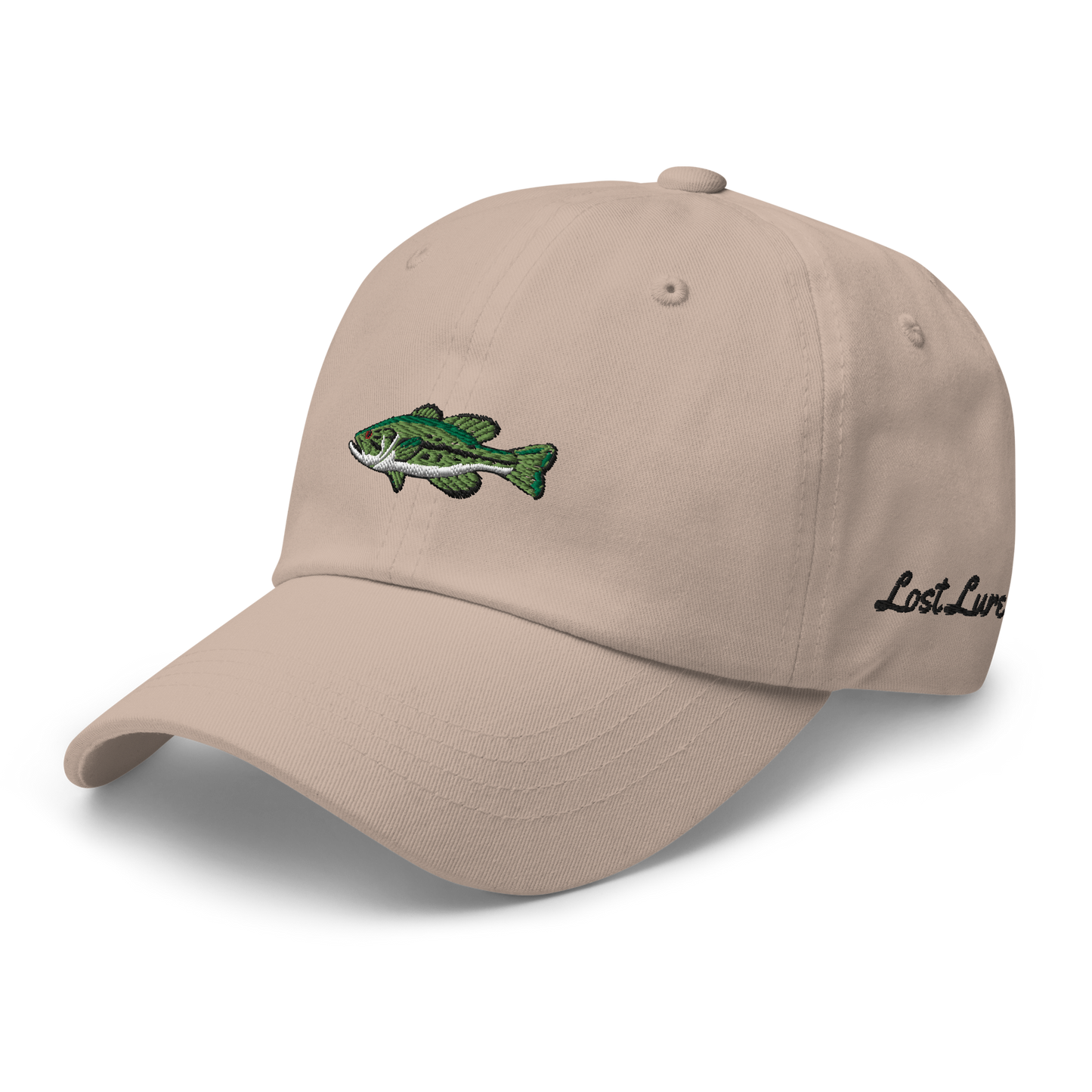 Tan Bass Fishing Hat with embroidered largemouth bass on the front.