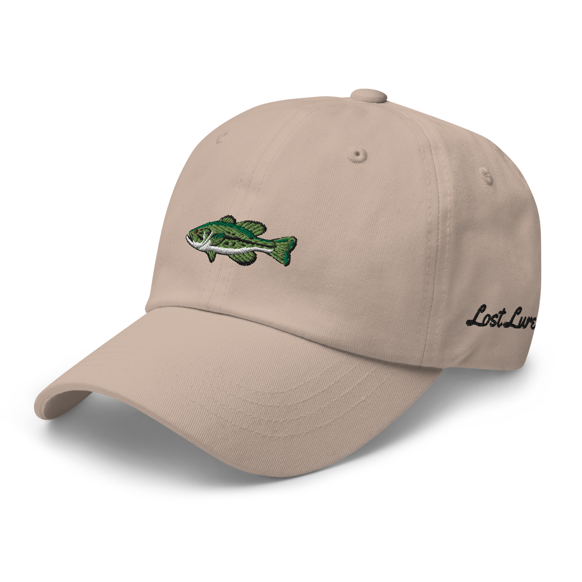 Tan Bass Fishing Hat with embroidered largemouth bass on the front.
