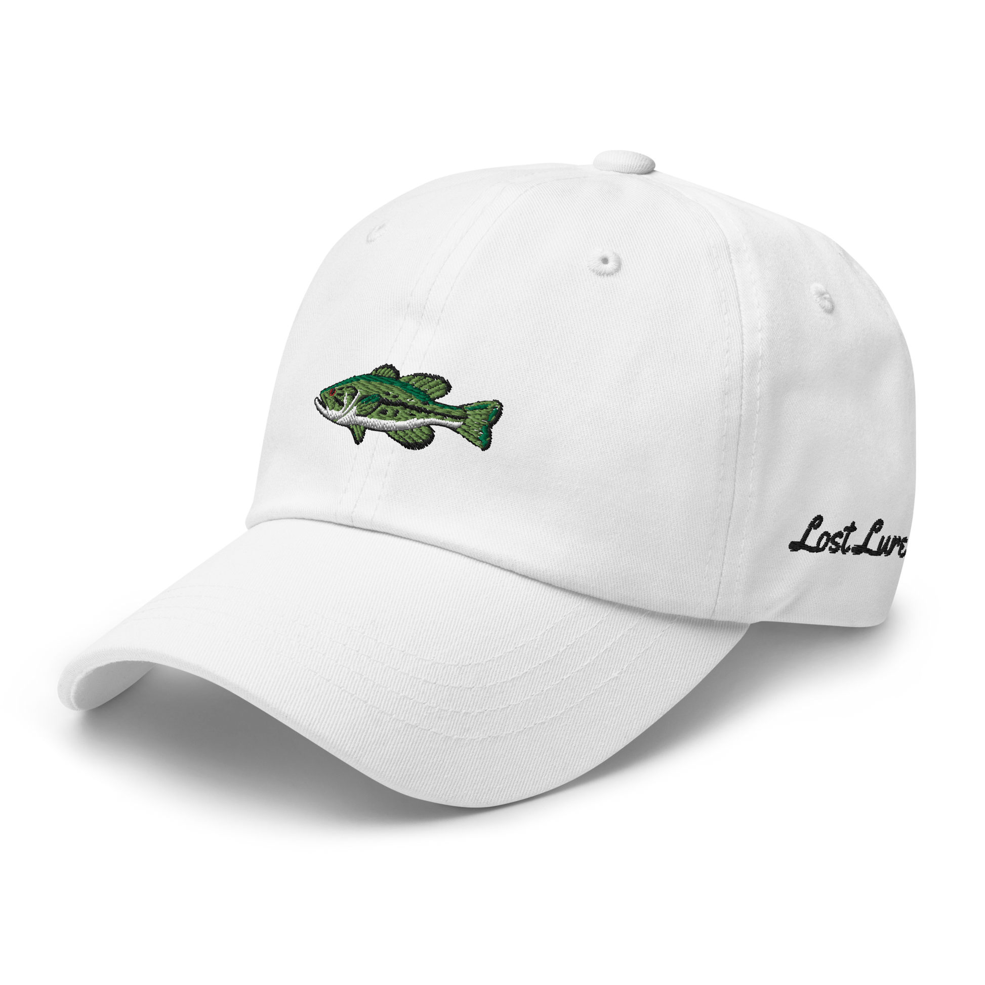 White Bass Fishing Hat with embroidered largemouth bass on the front.