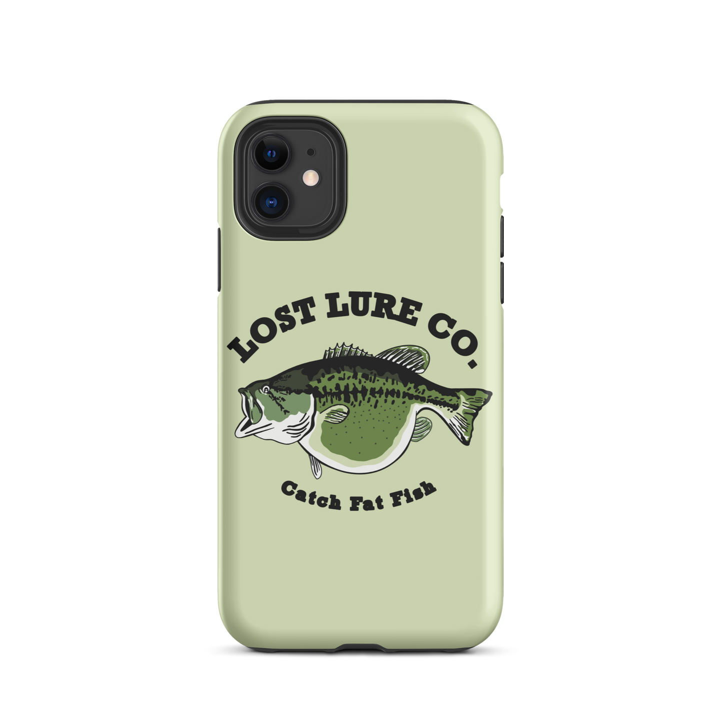 Lime green fishing iPhone 11 case with image of a largemouth bass with a big belly. It says “catch fat fish”